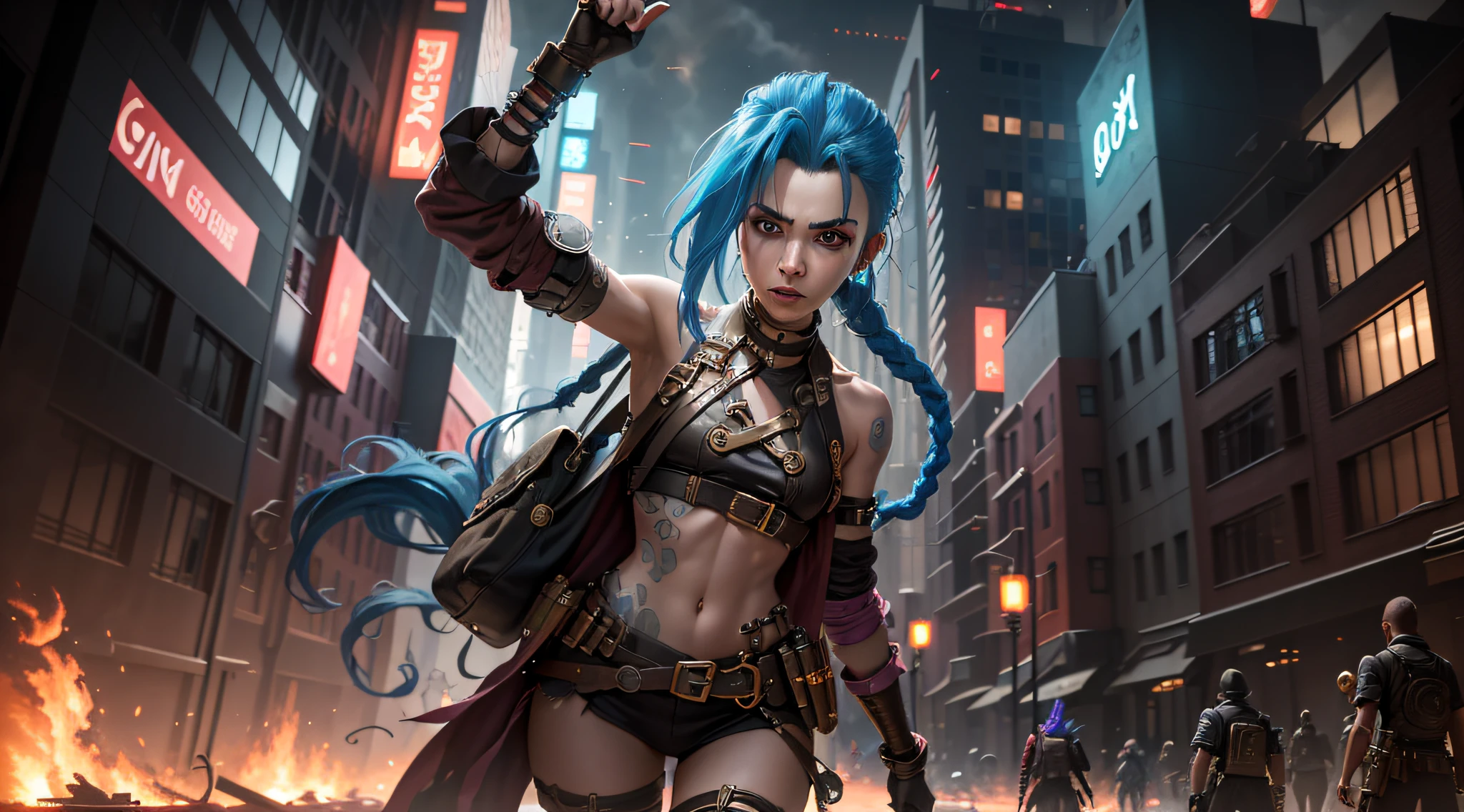 ((Best quality)), ((masterpiece)), (highly detailed:1.3), 3D, arcane style,In the dark and courageous dystopian city of Piltover, plagued by violence and divided into two opposing factions, a young prodigy named Jinx emerges. Having endured unimaginable loss and abandonment, she embraced a life of chaos and destruction. Known for her inventive and explosive abilities, Jinx becomes an icon of rebellion against the oppressive forces that control the city. However, haunted by guilt and battling inner demons, she must confront her past and decide whether to continue on the path of anarchy or seek redemption amid the turmoil. Explore Jinx's journey as she navigates a treacherous world, fighting for survival, unlocking secrets, and discovering the true meaning of her twisted existence, chaos reigns supreme, and at the center of it all is Jinx, the embodiment of unpredictability. Delve deep into Jinx's twisted mind, exploring the origins of his madness and the driving force behind his destructive nature. Unravel the moments that shaped her into the crazed, iconic character we know. Take us on a wild journey through the vibrant streets of Piltover and the shadowy suburb of Zaun as Jinx wreaks havoc with his explosive arsenal. Can redemption find its way into Jinx's fractured soul? Or will she dance forever on the edge of sanity, embracing the chaos that fuels her very existence? Arcane's fate hangs in the balance as Jinx's path intertwines with unlikely allies and formidable enemies. Ignite your imagination and paint a vivid portrait of Jinx's distorted psyche, capturing the essence of her madness and the indomitable spirit that defines it, HDR (High Dynamic Range), Ray Tracing, NVIDIA RTX, Super-Resolution, Unreal 5, Subsurface Scattering, PBR Texturing, Post-processing, Anisotropic Filtering, Depth of Field, Maximum Clarity and Sharpness, Multit Textures
