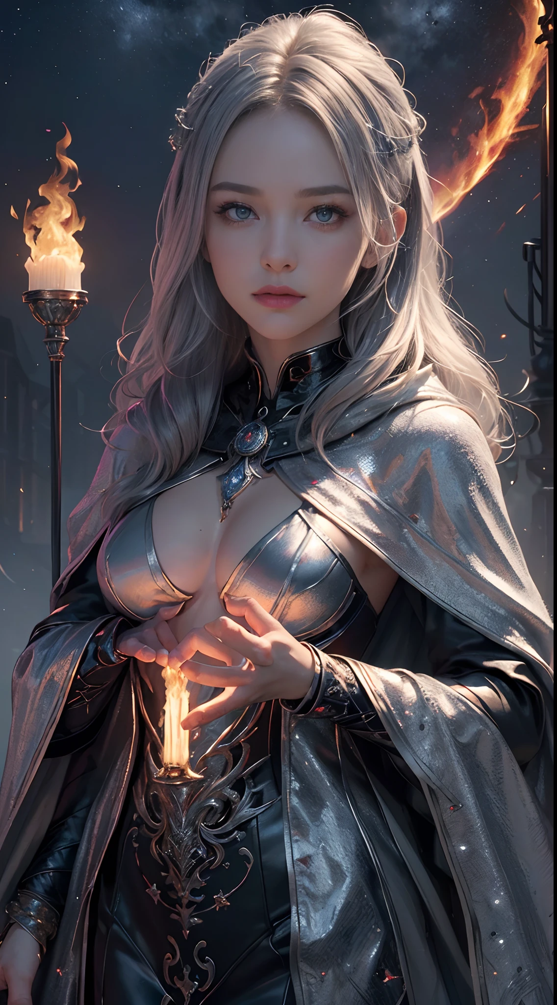 (( 8k, ultra detailed body, ultra detailed face, HDR, raw,sort skin))Tarot card style, 1 girl, the magician, magician fire and light cloak , medium chest, perfect body, perfect face, beautiful eyes, silver ash hair(( realistic: 2.1 )), stunning environment, night, moon, stars, fire flies
