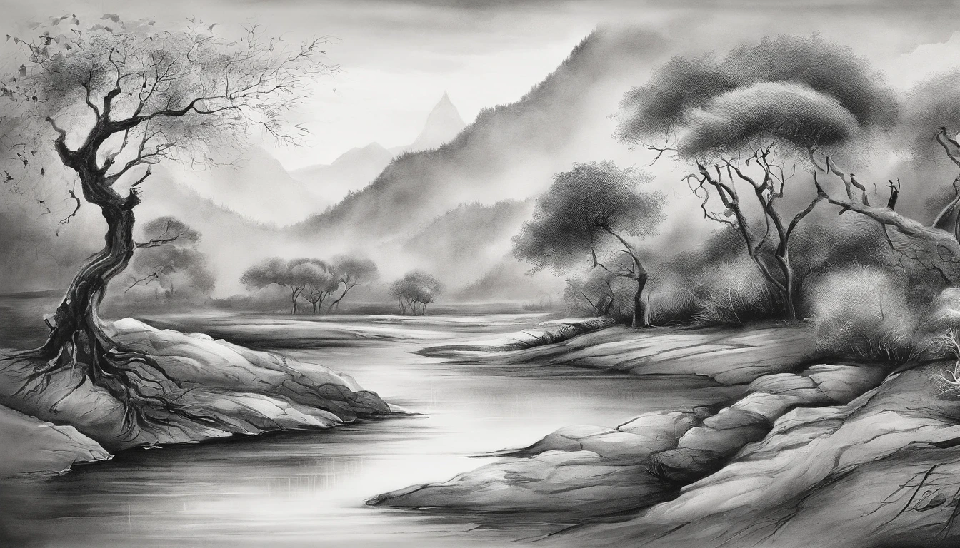Dead vines,old trees,Woat,small bridges,flowingwater,Family,Road,zephyr,Skinny horse,Sunset,Broken intestines are at the end of the world,Black and white ink painting,Black and white gray,(Chinese landscape painting),(ink and watercolor painting),(8k wallpaper),Extremely detailed picture depiction,wide angles,depth of fields,tmasterpiece,realisticlying,Beautifully depicted,A detailed,acurate,Works of masters,tmasterpiece