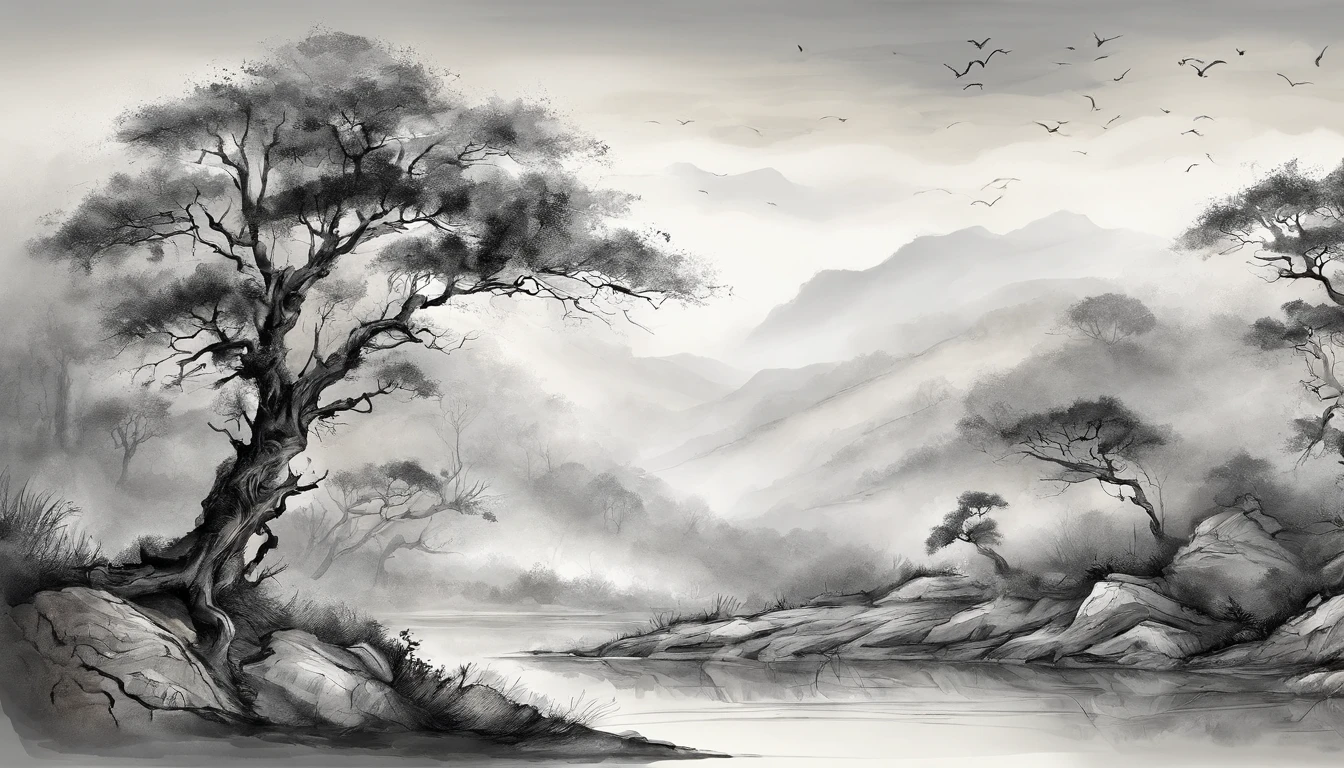 Dead vines，old trees，Woat，small bridges，flowingwater，Family，Road，zephyr，Skinny horse，Sunset，Broken intestines are at the end of the world，Black and white ink painting，Black and white gray，（Chinese landscape painting），（ink and watercolor painting），（8k wallpaper），Extremely detailed picture depiction，wide angles，depth of fields，tmasterpiece，realisticlying，Beautifully depicted，A detailed，acurate，Works of masters，tmasterpiece