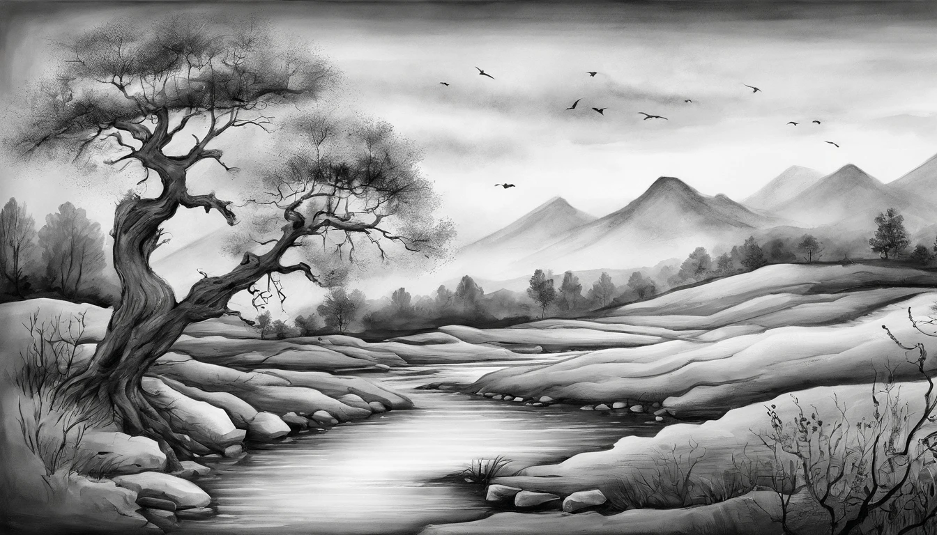 Dead vines，old trees，Woat，small bridges，flowingwater，Family，Road，zephyr，Skinny horse，Sunset，Broken intestines are at the end of the world，Black and white ink painting，Black and white gray，（Chinese landscape painting），（ink and watercolor painting），（8k wallpaper），Extremely detailed picture depiction，wide angles，depth of fields，tmasterpiece，realisticlying，Beautifully depicted，A detailed，acurate，Works of masters，tmasterpiece