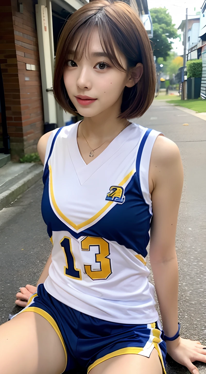 femele,１2 years old,Brown hair,White and blue silk basketball uniform,Shorthair,Blue eyes,Mansuji, A smile,,I see underwear,full body Esbian, (Close Shot, Best Quality, hight resolution, 4K, Detailed Lighting, Shaders, NSFW),  Smiling,  ( Blushing:1.2)sitting on,Legs wide open,small tits,