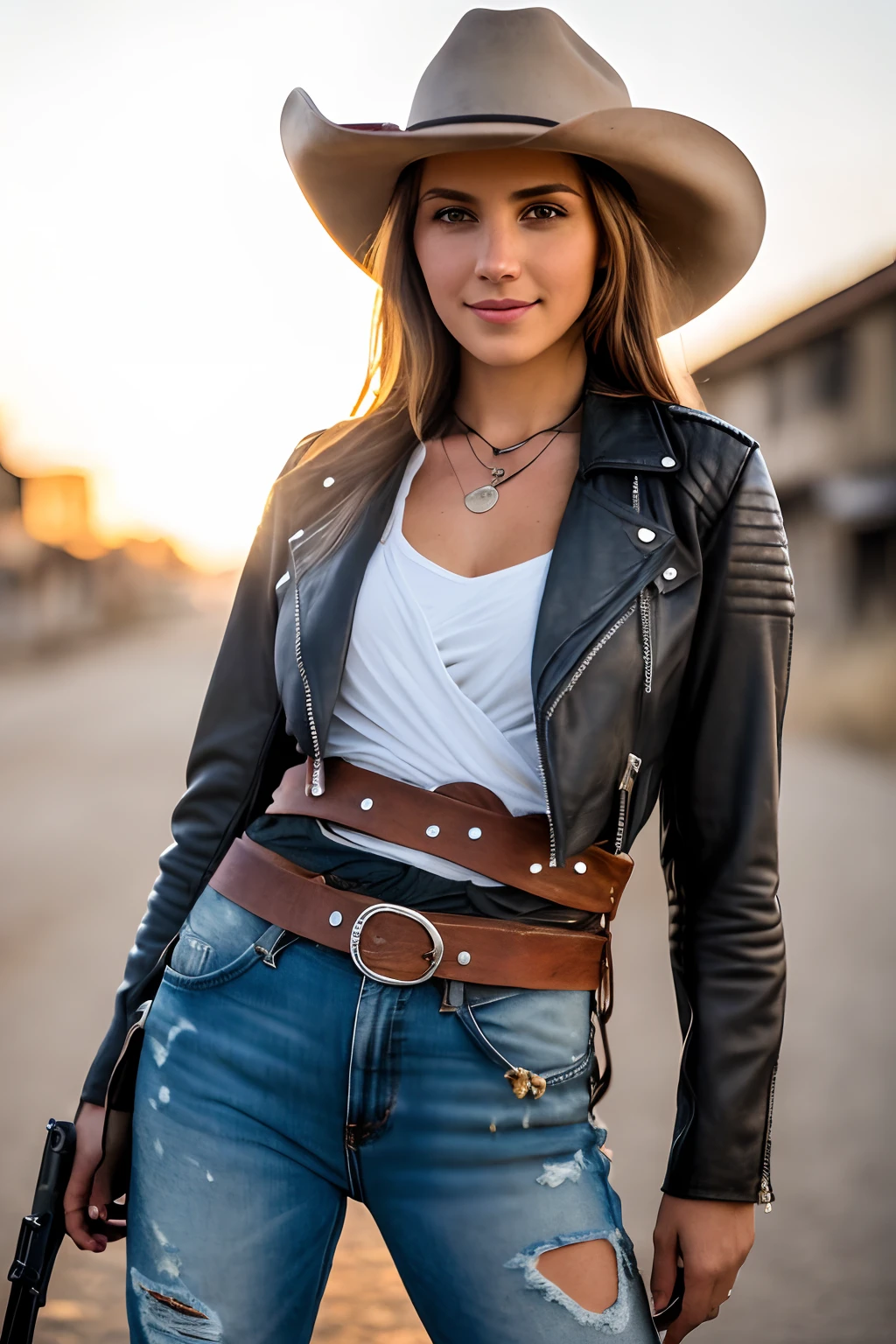 Townscape of the Wild West,Wasteland,Gunslinger Costume,Short leather jacket with open front,Torn and tattered white shirt,Torn and tattered damaged jeans,(Wrap the gun belt around your waist:1.3),(gun holster:1.3),Equipped with a Winchester M73 rifle on her chest,Cowboy Hat,(Generate globally beautiful women images,Especially while reflecting elements of Western beauty,Woman with natural smile and attractive expression,Transparent skin,sparkle in eyes,Expresses an elegant atmosphere,(in 8K, Raw photo, Best Quality, masutepiece),Sunlight ,Cinematic lighting,(Realistic, Photorealsitic),crouching down,Digital SLR,