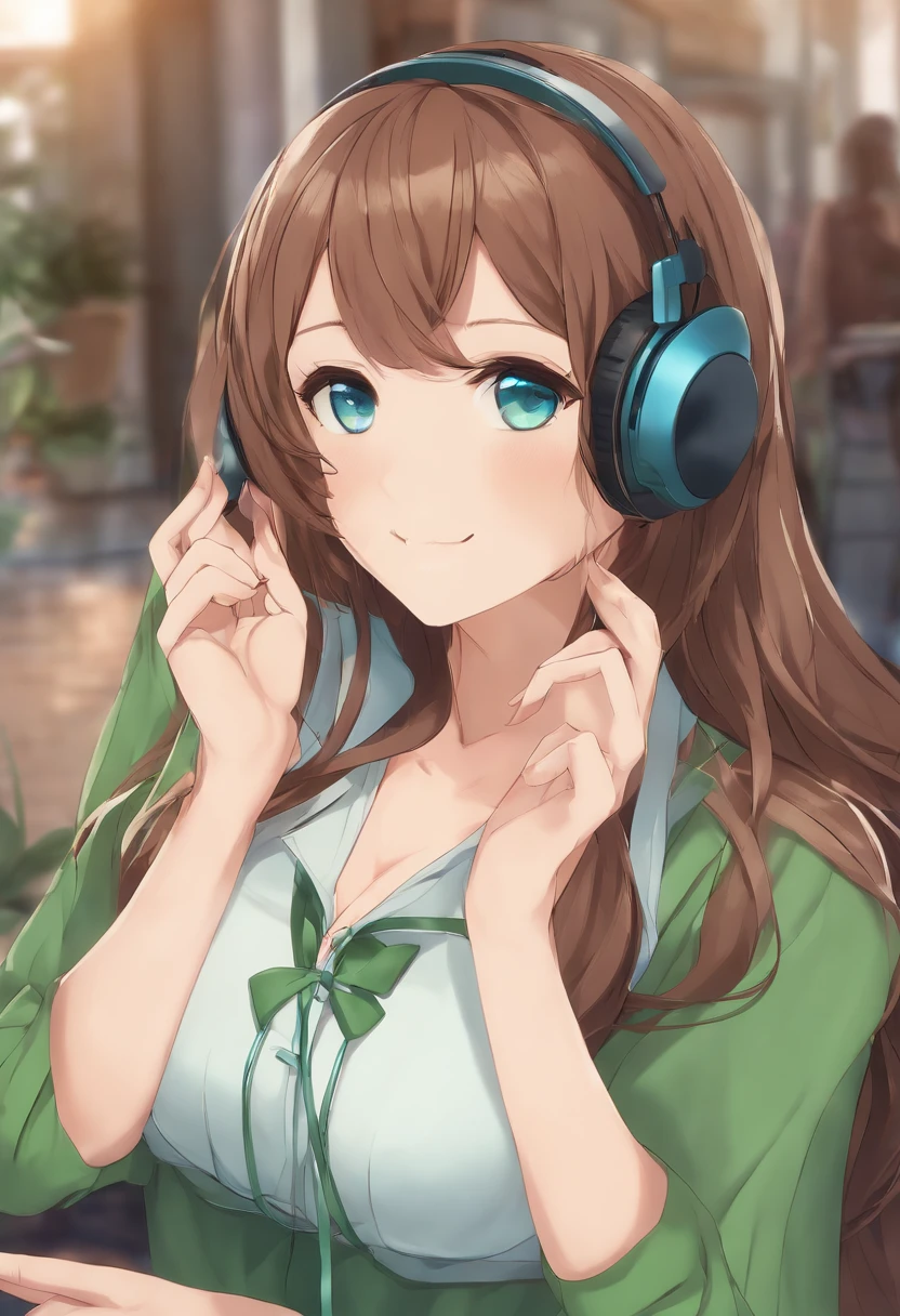 nakano miku, 1girl, brown hair, blue eyes, headphones, ???????, long hair, hair between eyes, smile, cleavage, detailed fingers, beautiful hands), (green skirt, blue cardigan