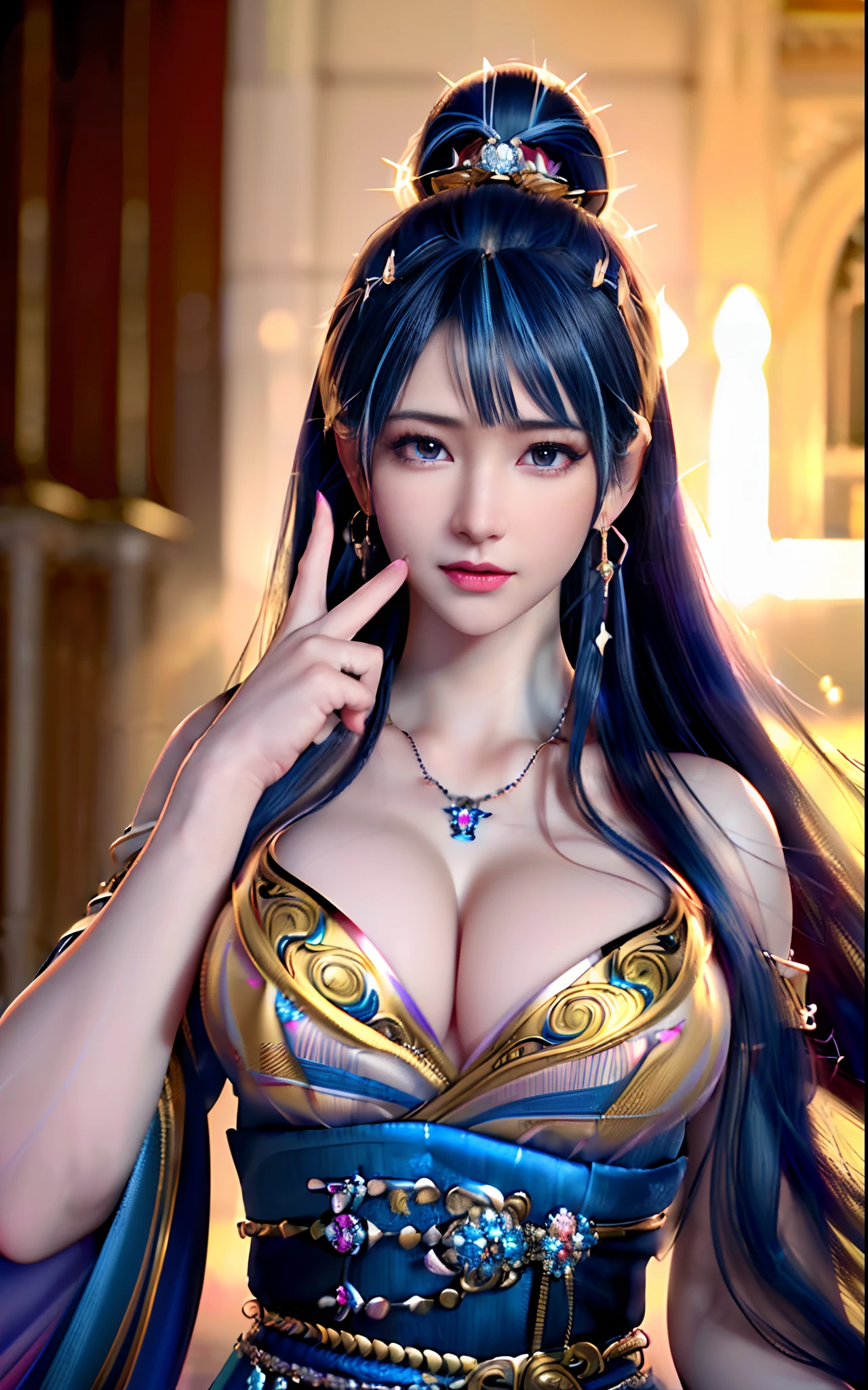 ((realisticity: 1.2)), ((realistic: 8K UHD)), ((best resolution: 8K UHD)), hyper detailed, best quality,masterpiece,highres,cg, ((1 girl hyper detailed and hyper realistic) ) , ((beautiful queen, hyper realistic and hyper detailed)),((white skin, beautiful, smooth, youthful, hyper realistic and hyper detailed )), ((Face hyper beautiful, white, hyper realistic and hyper detailed ) ), long hair, ((hyper realistic and hyper detailed dress)), solo, ((hyper realistic, hyper beautiful, beautiful and hyper detailed jewelry)), ((hyper beautiful deep red and golden yellow dress, hyper realistic and hyper detailed )) , ((Her pretty, hyper realistic, hyper detailed diamond filled earrings)), ((Her gorgeous diamond haircut, hyper realistic and hyper detailed)), ((hyper pretty upper body, hyper beautiful, hyper realistic and hyper detailed) ), ((medium breast: 1.1)), ((hyper realistic, hyper pretty, hyper detailed boobs)), ((the backgroun of the royal palace is hyper majestic, hyper realistic and hyper detailed)),((hands and palms hyper beautiful, hyper detailed, hyper realistic)), ((hyper detailed and hyper realistic fingers and fingernails)), ((hyper pretty fingernails, hyper vivid, hyper detailed, hyper realistic)), ((thumb, index finger, middle finger, ring finger, little finger hyper vivid, hyper pretty, hyper detailed, hyper realistic)), ((hyper beautiful fingers, hyper detailed, and hyper realistic)), ((posture not too fat and not too thin, hyper realistic, hyper detail)), ((hyper pretty, hyper pretty, hyper realistic and hyper detailed hair bun)), ((hyper pretty , hyper realistic and hyper detailed blue hair)), candid, Photo, high resolution, 8k , bokeh,