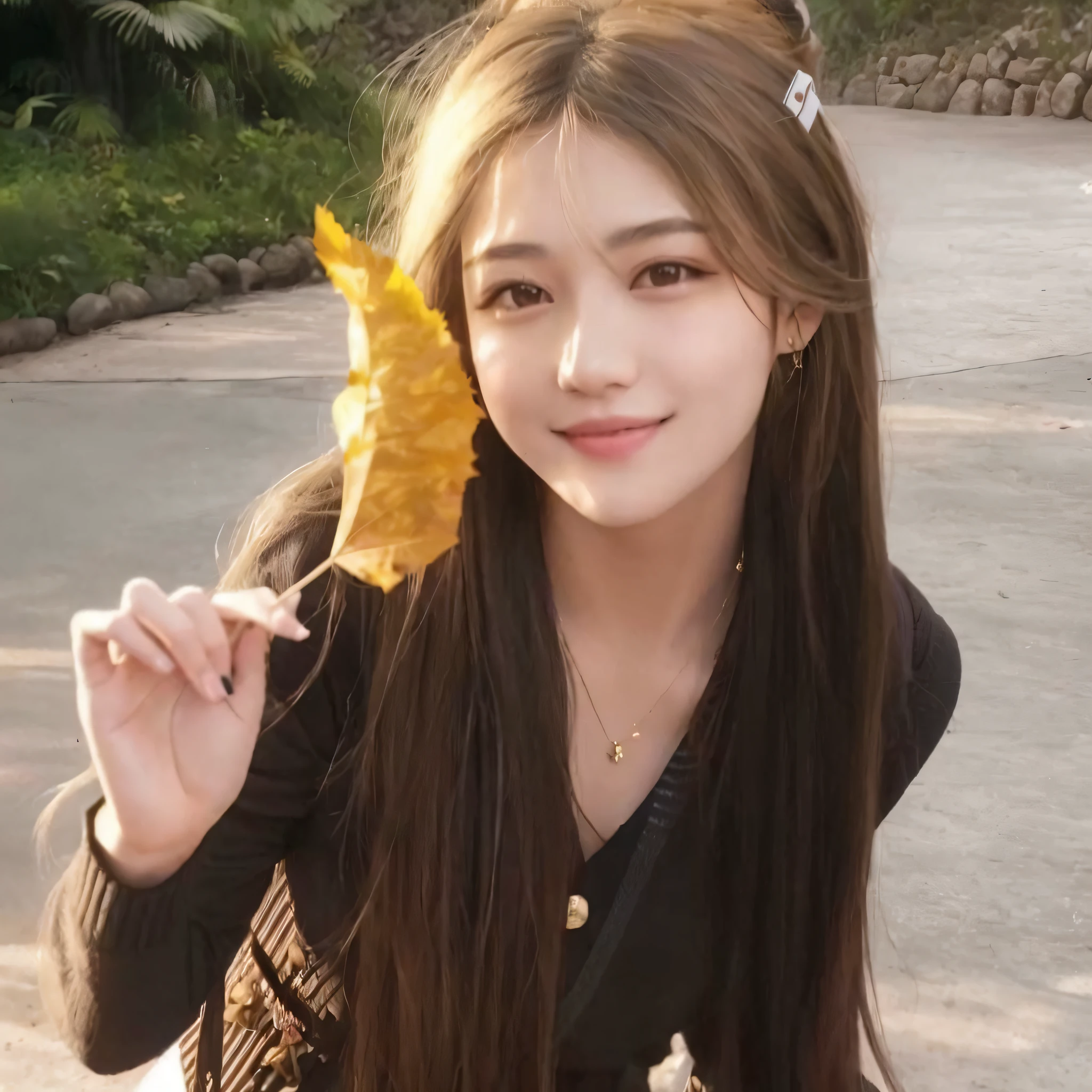 The long-haired Arapefi girl holds a leaf in her hand, 🍁 Cute, 19-year-old girl, Asian girl with long hair, young and cute girl, Cute young girl, With long hair, tzuyu from twice, ruan jia beautiful!, Very beautiful girl, xintong chen, gorgeous chinese models, with cute - fine - face