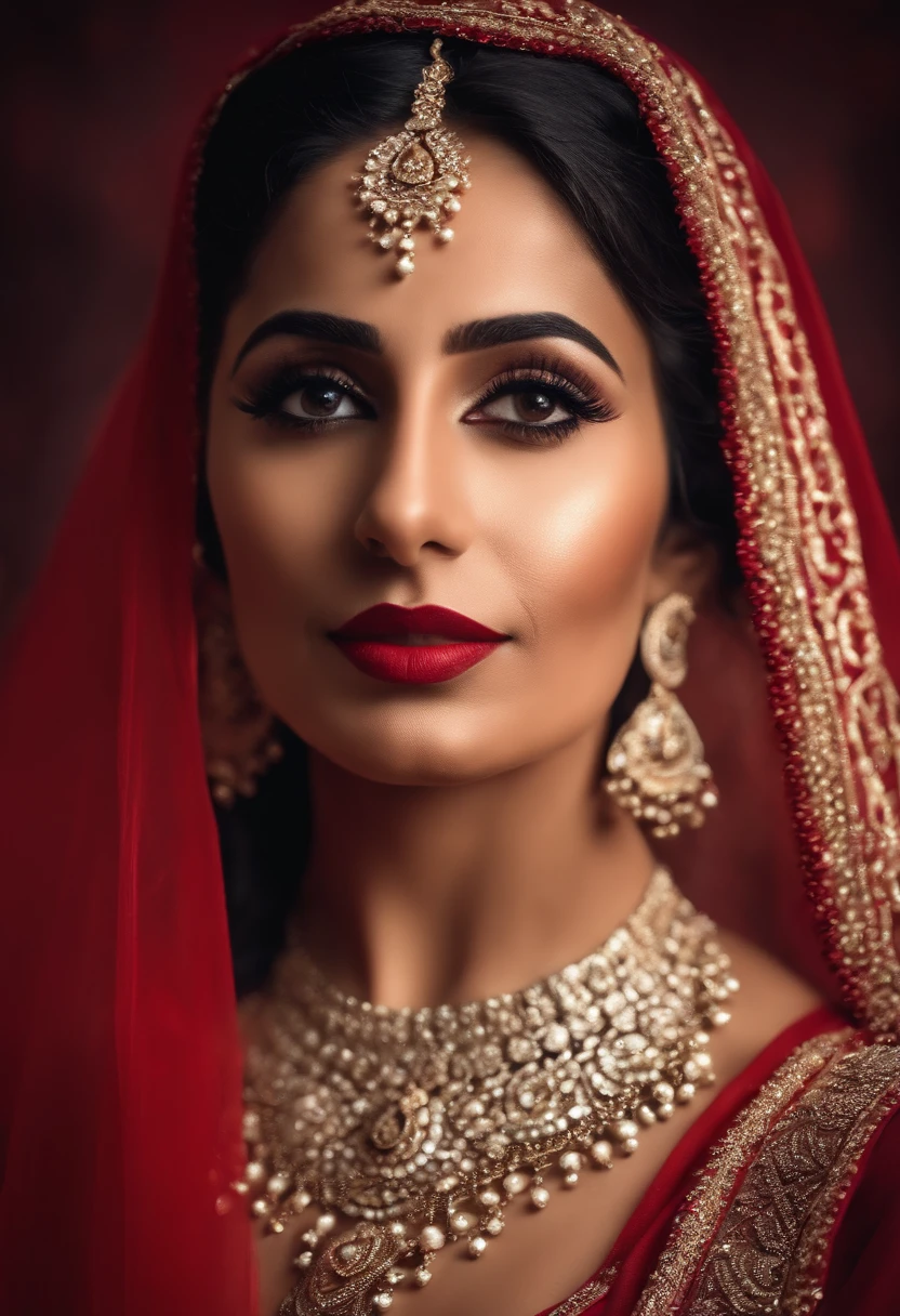 potrait of a arab bride wearing makeup on her weading in red dress no bindi on forehead ultra realistic