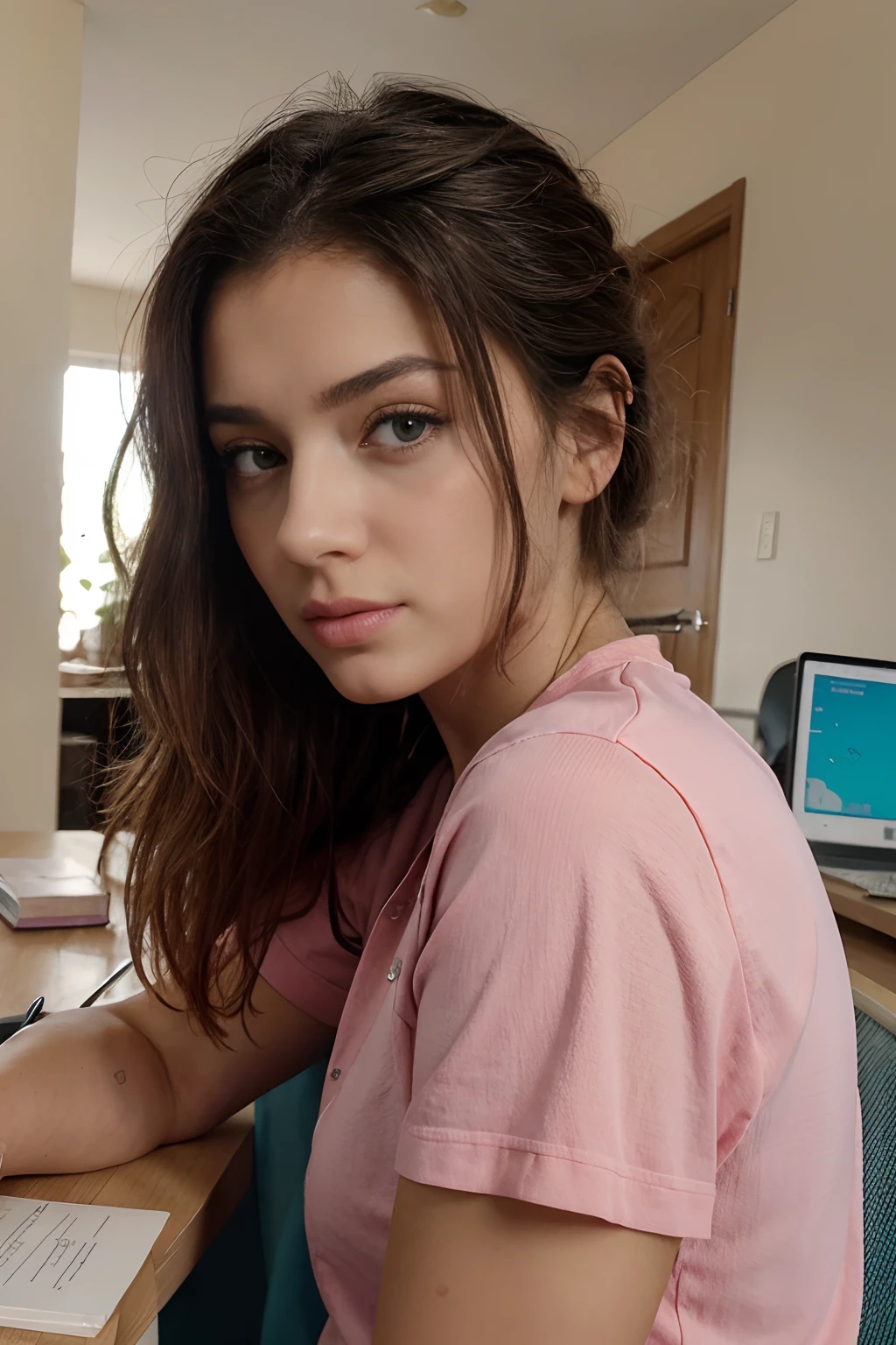 rossa tettona occhi blu e gnocca da paura, (((studying))), view side, tired, natural skin, pink shirt, totally random pic, not posing, confy vibes