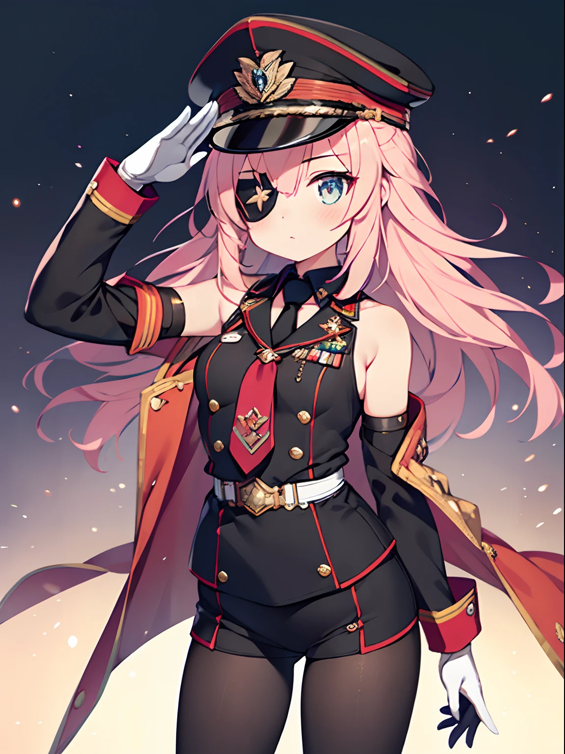 Highly detailed and realistic CG, Colorful, Masterpiece, Best Quality, jewel-like eyes, 1girl, solo, cute girl, pink hair, midium hair, military suits, military cap, black elbow gloves, black tights, salute, amber eyes, necktie, eye patch,