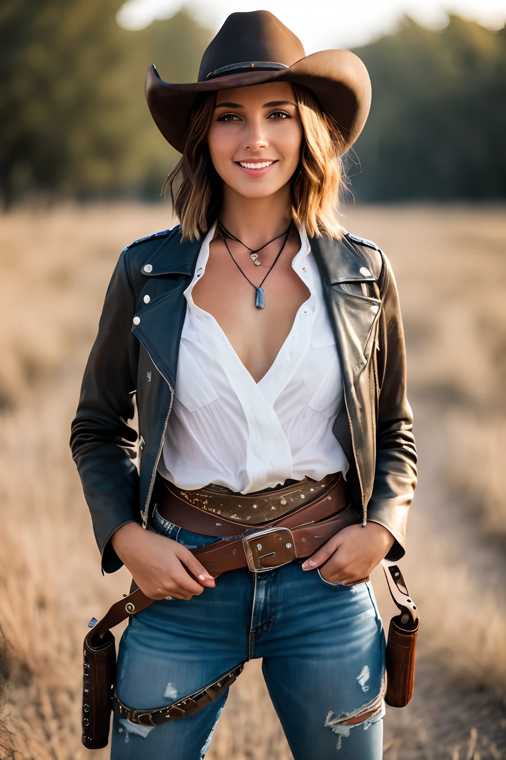 Townscape of the Wild West,Wasteland,Gunslinger Costume,Short leather jacket with open front,Torn and tattered white shirt,Torn and tattered damaged jeans,(Wrap the gun belt around your waist:1.3),(gun holster:1.3),Equipped with a Winchester M73 rifle on her chest,Cowboy Hat,(Generate globally beautiful women images,Especially while reflecting elements of Western beauty,Woman with natural smile and attractive expression,Transparent skin,sparkle in eyes,Expresses an elegant atmosphere,(in 8K, Raw photo, Best Quality, masutepiece),Sunlight ,Cinematic lighting,(Realistic, Photorealsitic),crouching down,Digital SLR,