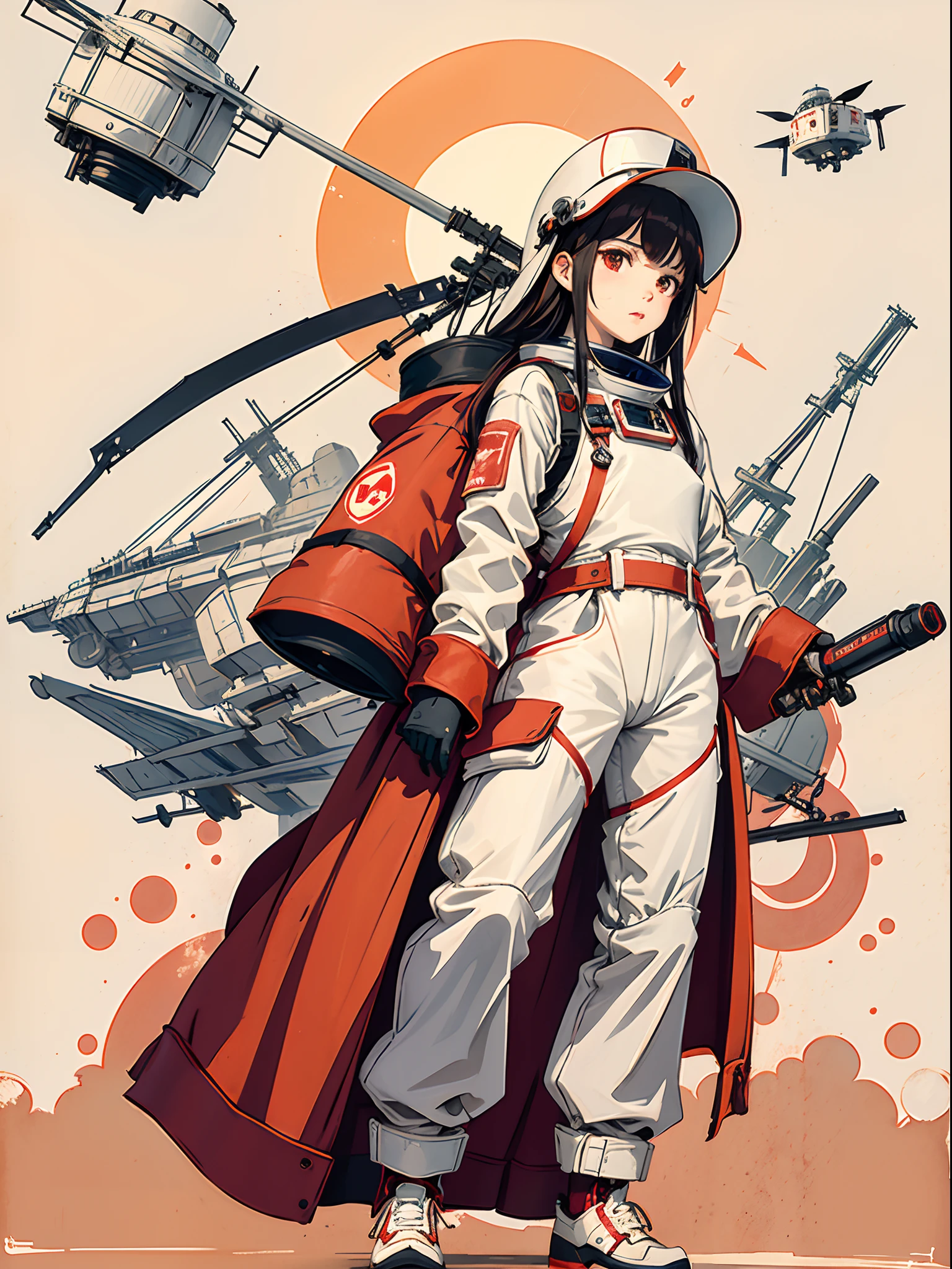 DJI Drone、drone、1boys、flat breast、cute little、beatiful detailed eyes、Shiny hair、visible through hair、hairs between eyes、CCCPposter、USSR poster、red monochrome、USSR poster、soviet union、communism、A dark-haired、Akame、Vampires、Teen、small tits、space suits:Orange clothing body:Jumpsuit)、white glove、White Space Shoes、drone、White helmet、Red letters on the top of the helmet with CCCP、weightless、side lights、Reflectors、A person in a spacesuit is at the bottom left of the frame、The right hand is outstretched.、The right hand gently touches the Salyut space station)、Space station in the upper right corner of the screen、Reflected light from the sun、silver metal、red flag、brilliance、Soviet style、Random reflexes、Metallic texture、View is a multicopter、Mecha style、the sea of star、High Tone、grand