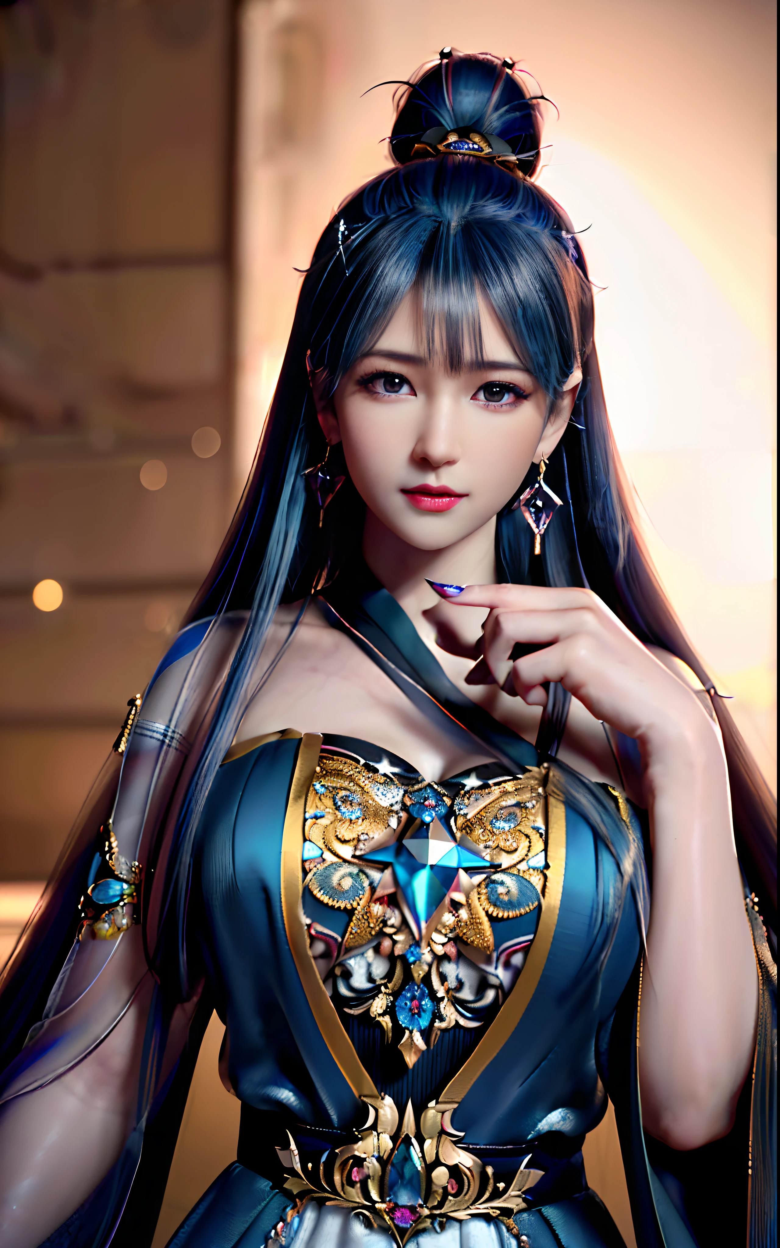 ((realisticity: 1.2)), ((realistic: 8K UHD)), ((best resolution: 8K UHD)), hyper detailed, best quality,masterpiece,highres,cg, ((1 girl hyper detailed and hyper realistic) ) , ((beautiful queen, hyper realistic and hyper detailed)),((white skin, beautiful, smooth, youthful, hyper realistic and hyper detailed )), ((Face hyper beautiful, white, hyper realistic and hyper detailed ) ), long hair, ((hyper realistic and hyper detailed dress)), solo, ((hyper realistic, hyper beautiful, beautiful and hyper detailed jewelry)), ((hyper beautiful deep red and golden yellow dress, hyper realistic and hyper detailed )) , ((Her pretty, hyper realistic, hyper detailed diamond filled earrings)), ((Her gorgeous diamond haircut, hyper realistic and hyper detailed)), ((hyper pretty upper body, hyper beautiful, hyper realistic and hyper detailed) ), ((medium breast: 1.1)), ((hyper realistic, hyper pretty, hyper detailed boobs)), ((the backgroun of the royal palace is hyper majestic, hyper realistic and hyper detailed)),((hands and palms hyper beautiful, hyper detailed, hyper realistic)), ((hyper detailed and hyper realistic fingers and fingernails)), ((hyper pretty fingernails, hyper vivid, hyper detailed, hyper realistic)), ((thumb, index finger, middle finger, ring finger, little finger hyper vivid, hyper pretty, hyper detailed, hyper realistic)), ((hyper beautiful fingers, hyper detailed, and hyper realistic)), ((posture not too fat and not too thin, hyper realistic, hyper detail)), ((hyper pretty, hyper pretty, hyper realistic and hyper detailed hair bun)), ((hyper pretty , hyper realistic and hyper detailed blue hair)), candid, Photo, high resolution, 8k , bokeh,