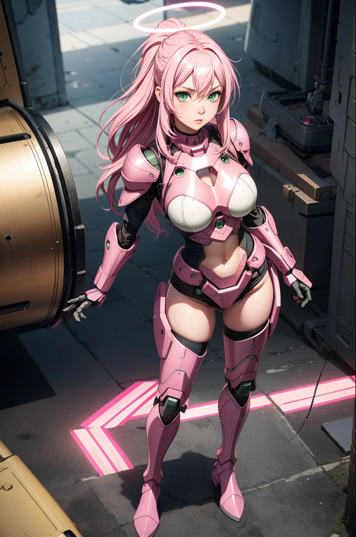 a beautiful girl with pink coloured hair and some kind of robotic breastplate armor, full body, 1girl, solo, long hair, green eyes, halo, looking at viewer, breasts, thigh boots