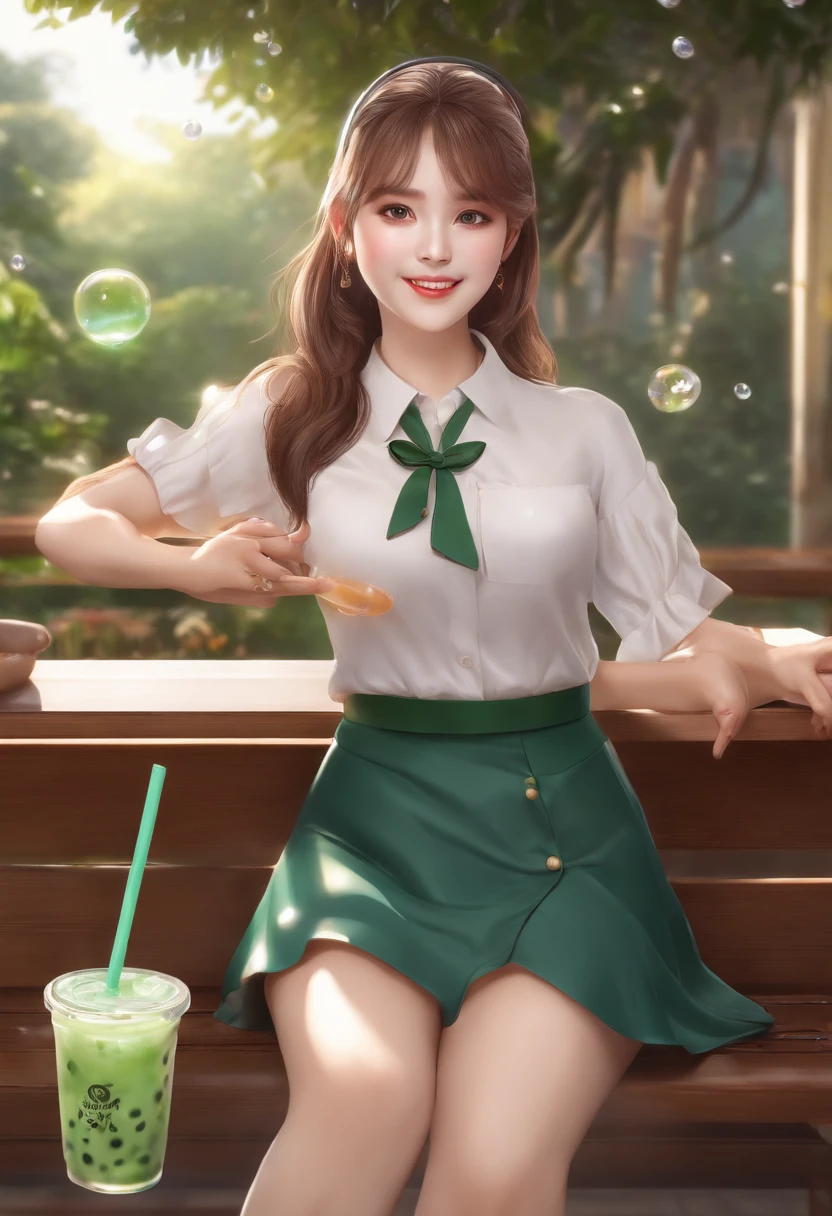 masterpiece, best quality, ultra detailed, high-resolution, 8k, detailed beautiful face and eyes,one woman,wet body,wet hair,smiling,flushed cheeks,shiny sun lighting,outdoor, sitting bench,nm1, headphones around neck, school uniform, half sleeves, green skirt ,Hands-free Bubble Tea challenge, HFBTC,drinking a Bubble Tea,arms up, elbow squeeze, breasts squeezed together
