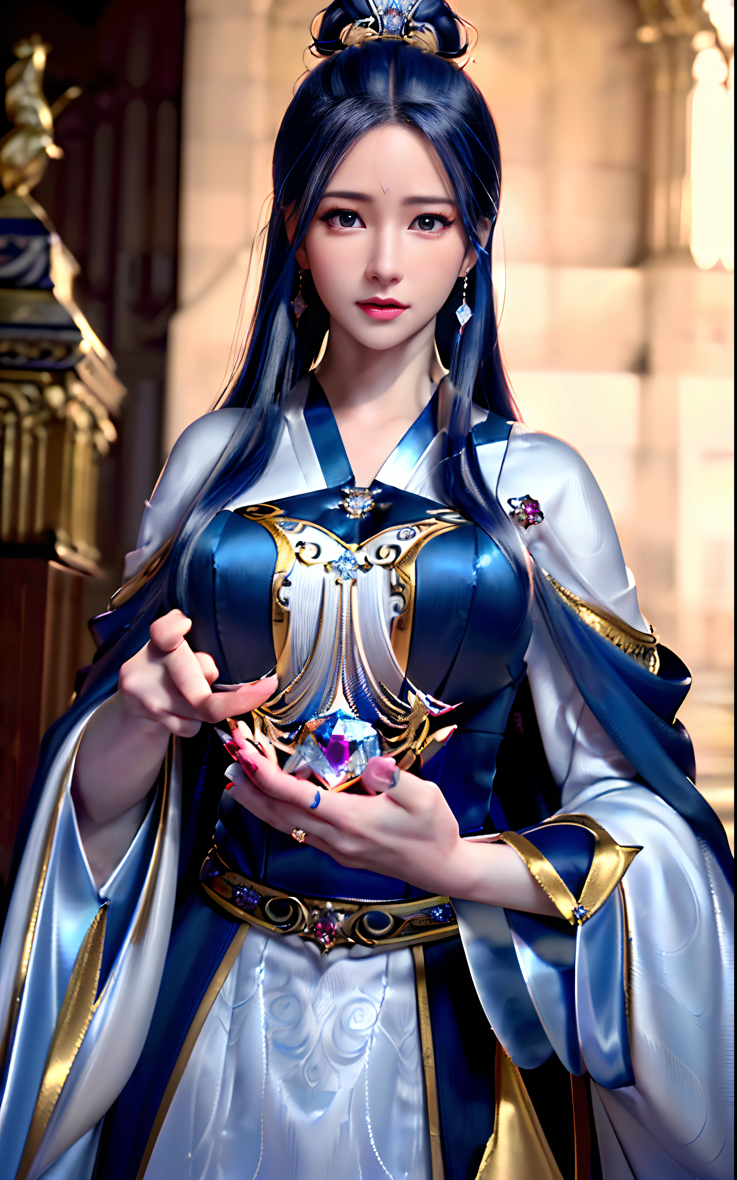 ((realisticity: 1.2)), ((realistic: 8K UHD)), ((best resolution: 8K UHD)), hyper detailed, best quality,masterpiece,highres,cg, ((1 girl hyper detailed and hyper realistic) ) , ((beautiful queen, hyper realistic and hyper detailed)),((white skin, beautiful, smooth, youthful, hyper realistic and hyper detailed )), ((Face hyper beautiful, white, hyper realistic and hyper detailed ) ), long hair, ((hyper realistic and hyper detailed dress)), solo, ((hyper realistic, hyper beautiful, beautiful and hyper detailed jewelry)), ((hyper beautiful deep red and golden yellow dress, hyper realistic and hyper detailed )) , ((Her pretty, hyper realistic, hyper detailed diamond filled earrings)), ((Her gorgeous diamond haircut, hyper realistic and hyper detailed)), ((hyper pretty upper body, hyper beautiful, hyper realistic and hyper detailed) ), ((medium breast: 1.1)), ((hyper realistic, hyper pretty, hyper detailed boobs)), ((the backgroun of the royal palace is hyper majestic, hyper realistic and hyper detailed)),((hands and palms hyper beautiful, hyper detailed, hyper realistic)), ((hyper detailed and hyper realistic fingers and fingernails)), ((hyper pretty fingernails, hyper vivid, hyper detailed, hyper realistic)), ((thumb, index finger, middle finger, ring finger, little finger hyper vivid, hyper pretty, hyper detailed, hyper realistic)), ((hyper beautiful fingers, hyper detailed, and hyper realistic)), ((posture not too fat and not too thin, hyper realistic, hyper detail)), ((hyper pretty, hyper pretty, hyper realistic and hyper detailed hair bun)), ((hyper pretty , hyper realistic and hyper detailed blue hair)), candid, Photo, high resolution, 8k , bokeh,