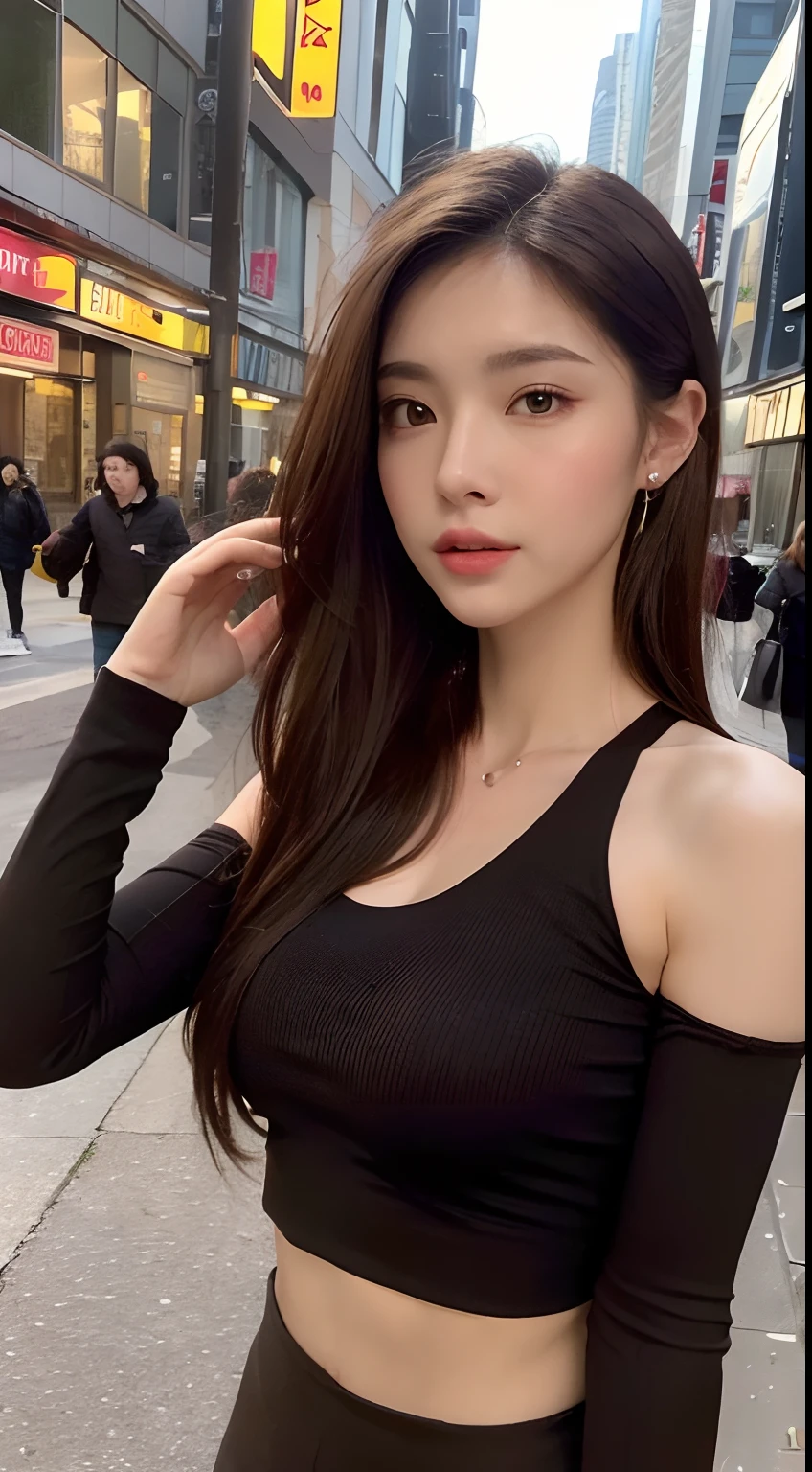 ((Realistic lighting, Best quality, 8K, Masterpiece: 1.3)), Clear focus: 1.2, 1girl, Perfect Body Beauty: 1.4, Slim Abs: 1.1, ((Dark Brown Hair)), (Outdoor, Night: 1.1), City Street, Super Fine Face, Fine Eyes, Double Eyelids, full body shot, cosplay