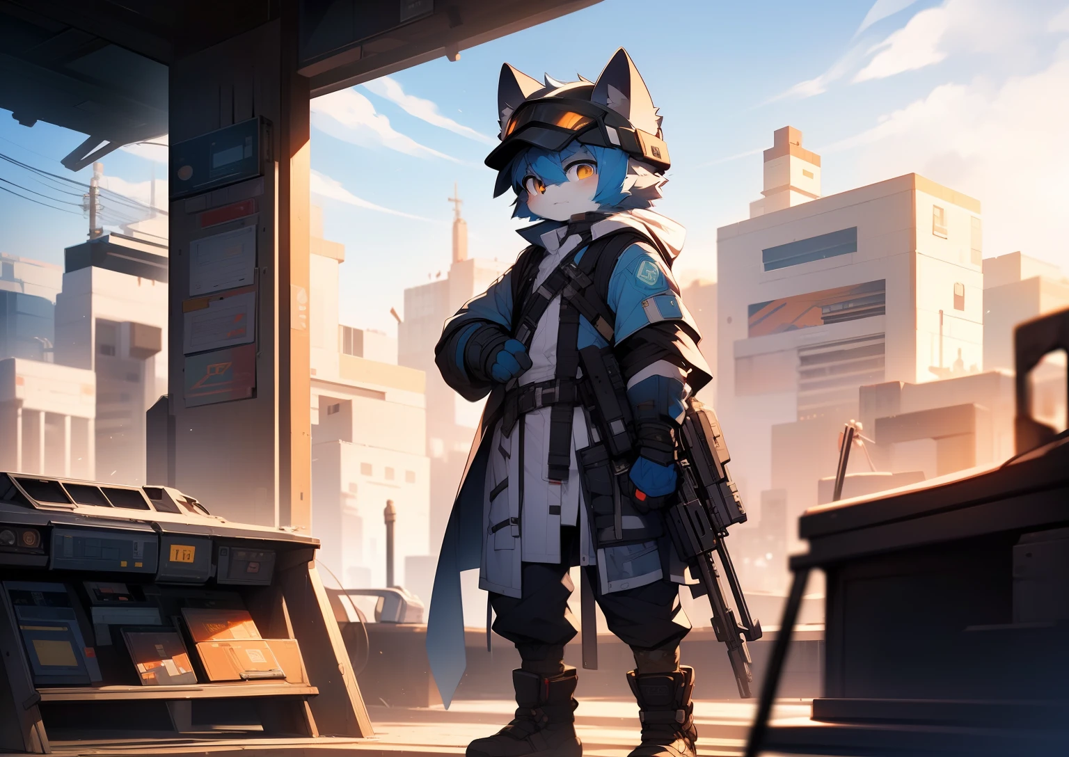 Libido boy,furry wolf,((Shota)), Blue hair hair, Very good figure, Handsome,There is a yellow lightning bolt mark on the head,adolable, Light:Extreme light and shadow, Reflective skin,Reddish skin,((wind coat,military helmet,Military body armor,Firearms)) ,((Sci-Fi City,Signs,独奏,solo person)),the sunset,((the detail)),(depth of fields),standing on your feet
