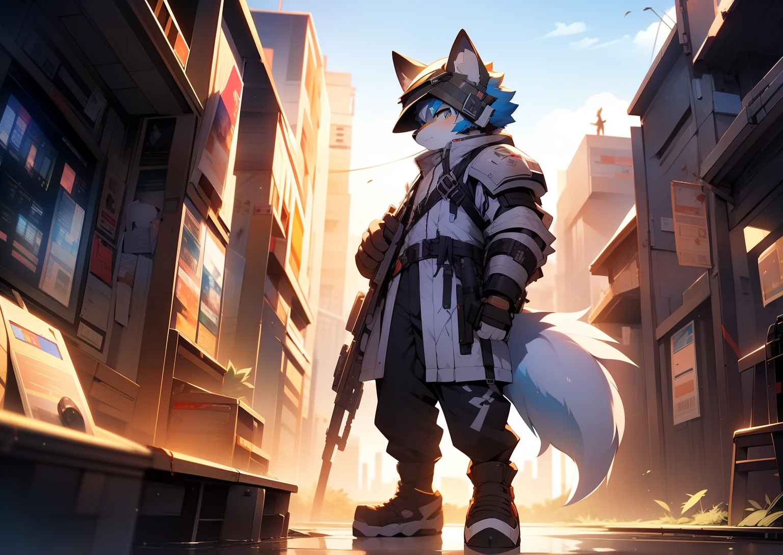 Libido boy，furry wolf，((Shota)), Blue hair hair, Very good figure, Handsome，There is a yellow lightning bolt mark on the head，adolable, Light：Extreme light and shadow, Reflective skin,Reddish skin，((wind coat，military helmet，Military body armor，Firearms)) ，((Sci-Fi City，Signs，独奏，solo person))，the sunset，((the detail))，（depth of fields），standing on your feet