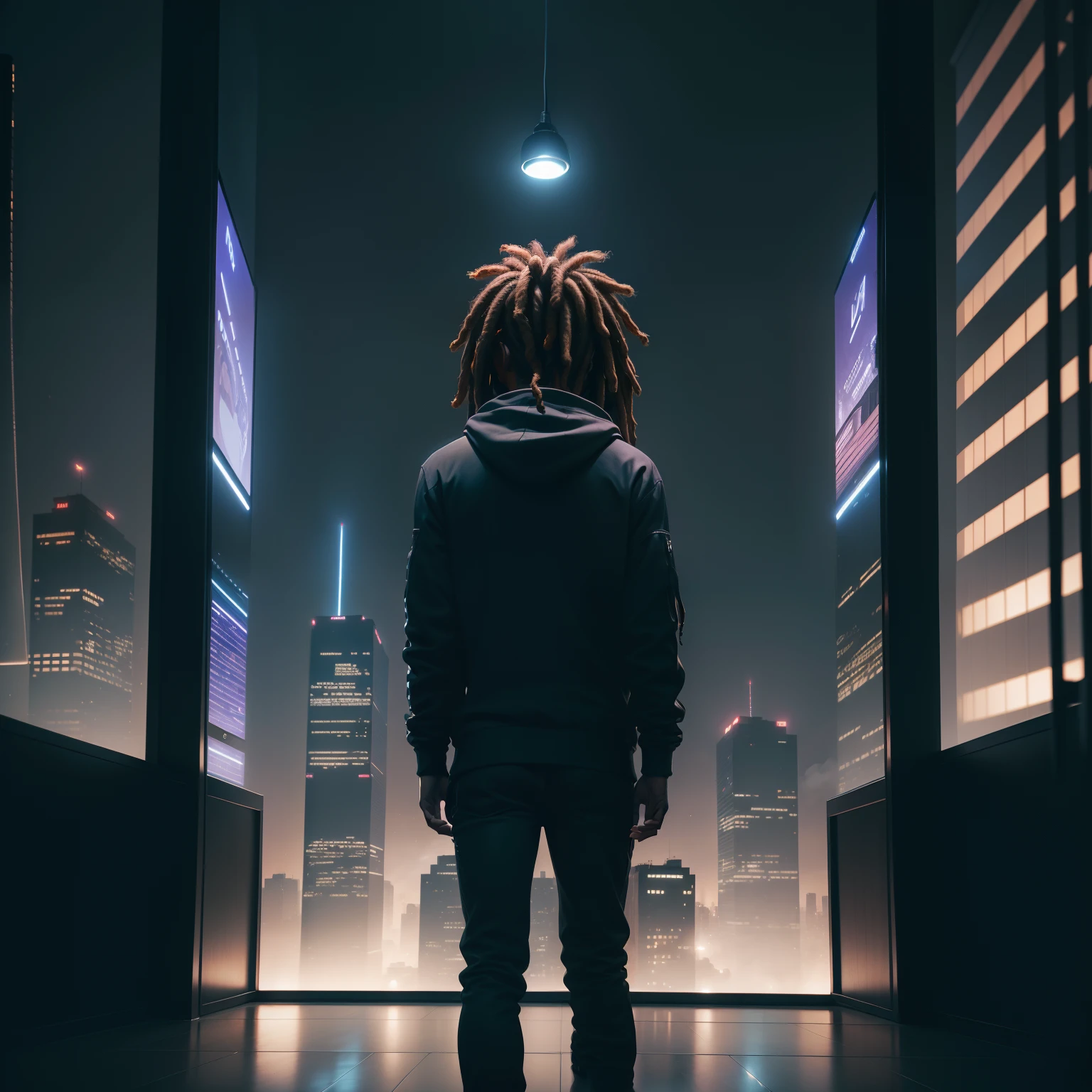 ((atmosphric perspective, superrealismo, design 3D, ultra-detalhado), (Rear view of black man with sweatshirts d dreads: 1.2, observing night buildings: 1.1, City of São Paulo, cidade noturna, neon lights, (widescreen: 1.2)), vento leve, ar noturno, atmospheric scene)