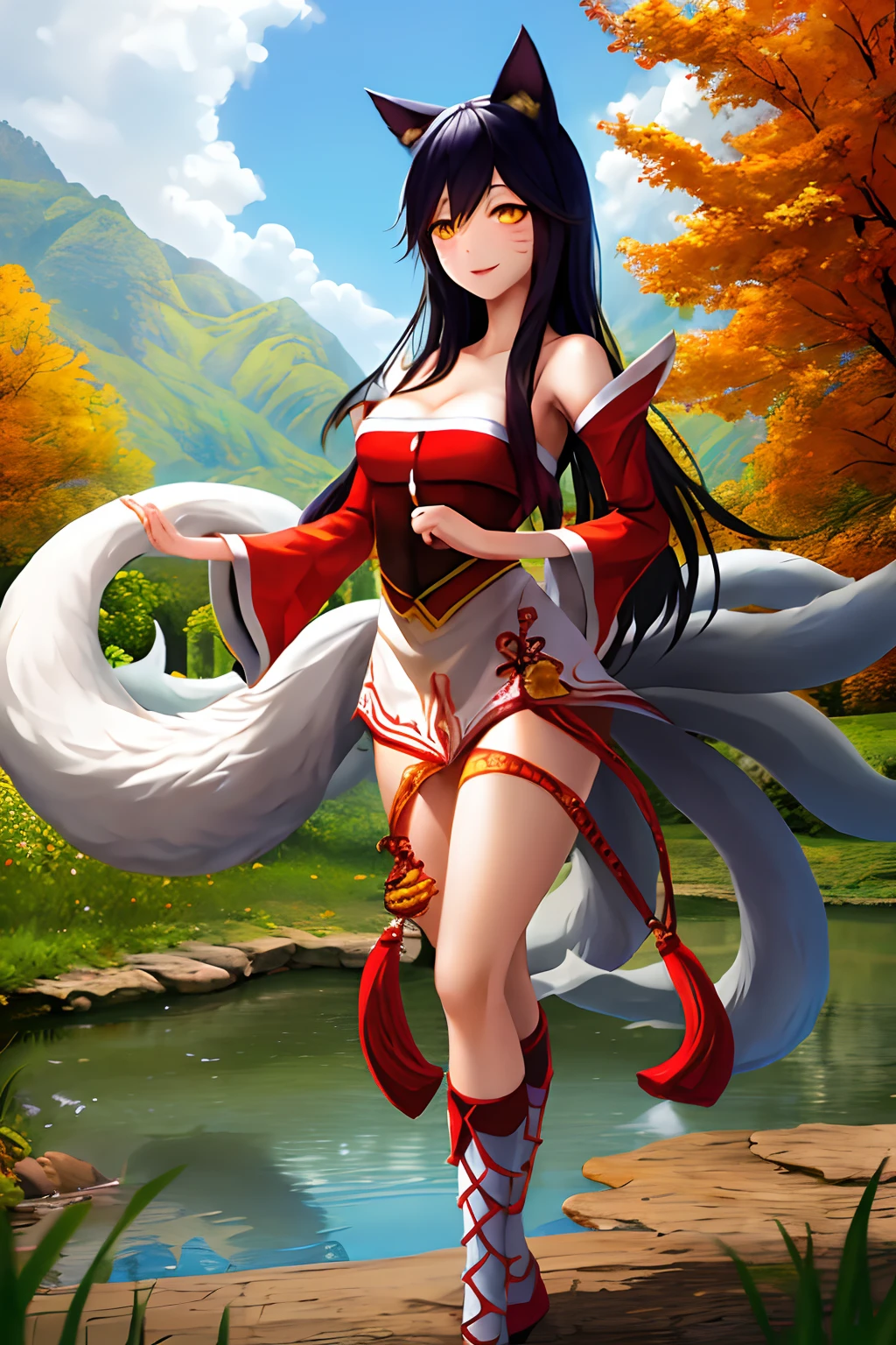 anime_source, (masterpiece), best quality, expressive eyes, perfect face, score_9, score_8_up, score_7_up, 1girl, ahri, animal ears, bangs, black hair, bare shoulders, breasts, cleavage, facial mark, fox ears, fox tail, groin, highleg, large breasts, lips, long hair, looking at viewer, multiple tails, navel, outdoors, smile, solo, tail, vastaya, whisker markings, yellow eyes, detached sleeves, red legwear, red panties, sweat, thighhighs, underboob, pink flower, blurry background, cherry blossoms, depth of field, falling petals, flower, petals, wisteria, perfect hands, perfect fingers,  grabbing own breast, nipples, nude, pussy, wet, pussy juice, dripping wet, spread legs, tongue, saliva, drooling, tongue out, pussy juice, klitoris