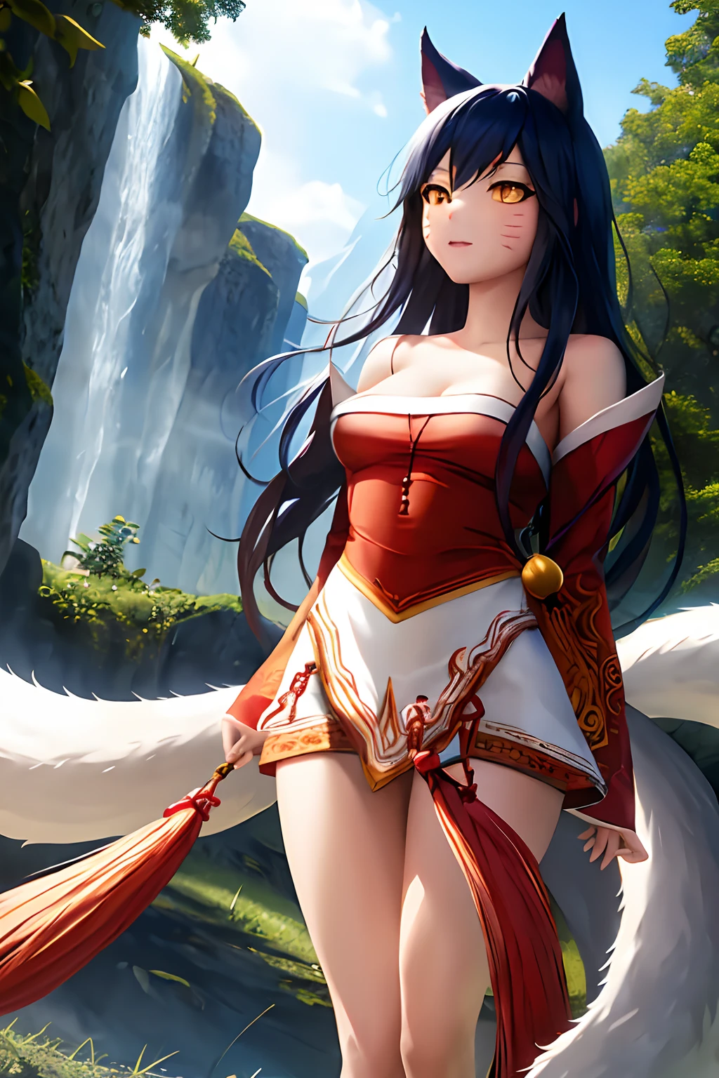 masterpiece, best quality, highres, ah1, facial mark, multiple tails, fox tails, korean clothes, cleavage, bare shoulders, detached sleeves, outdoors, standing, cowboy shot,