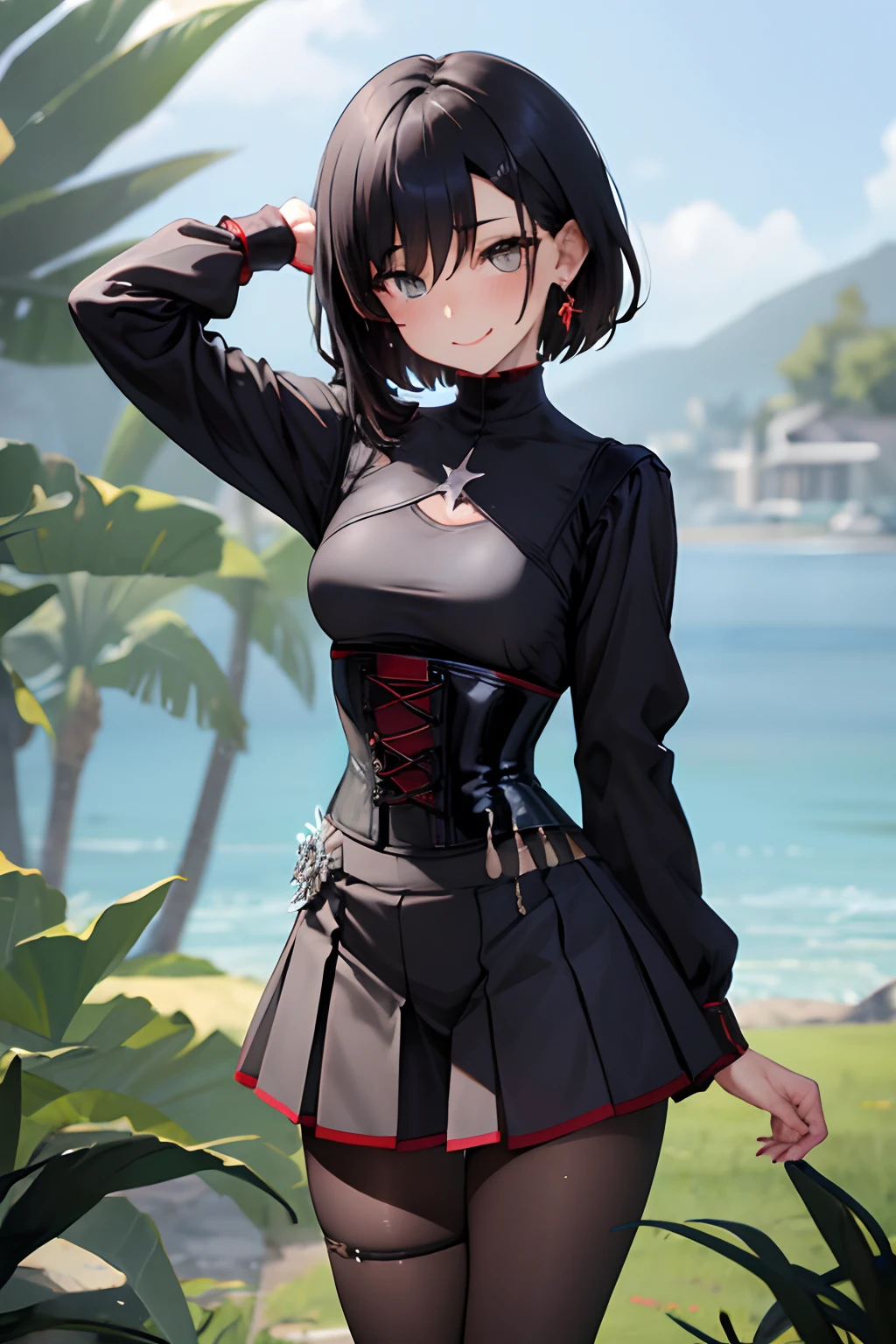 (Masterpiece, Best Quality:1.2), Cowboy shot, age progression, short, 1girl,black colored hair, short hair, smile, closed mouth, looking a viewer, black shirt, corset, black pleated skirt, pantyhose, red cloak, Jewelry, necklace, earrings, small-breasts, slim thighs, Spacer frame, steam, glistering slap, Wet, the sweat,