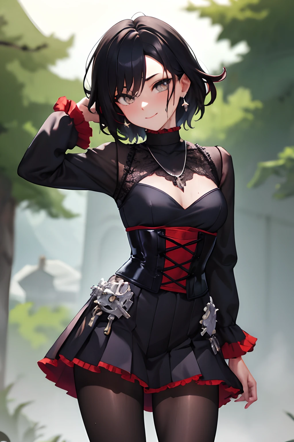 (Masterpiece, Best Quality:1.2), Cowboy shot, age progression, short, 1girl,black colored hair, short hair, smile, closed mouth, looking a viewer, black shirt, corset, black pleated skirt, pantyhose, red cloak, Jewelry, necklace, earrings, small-breasts, slim thighs, Spacer frame, steam, glistering slap, Wet, the sweat,