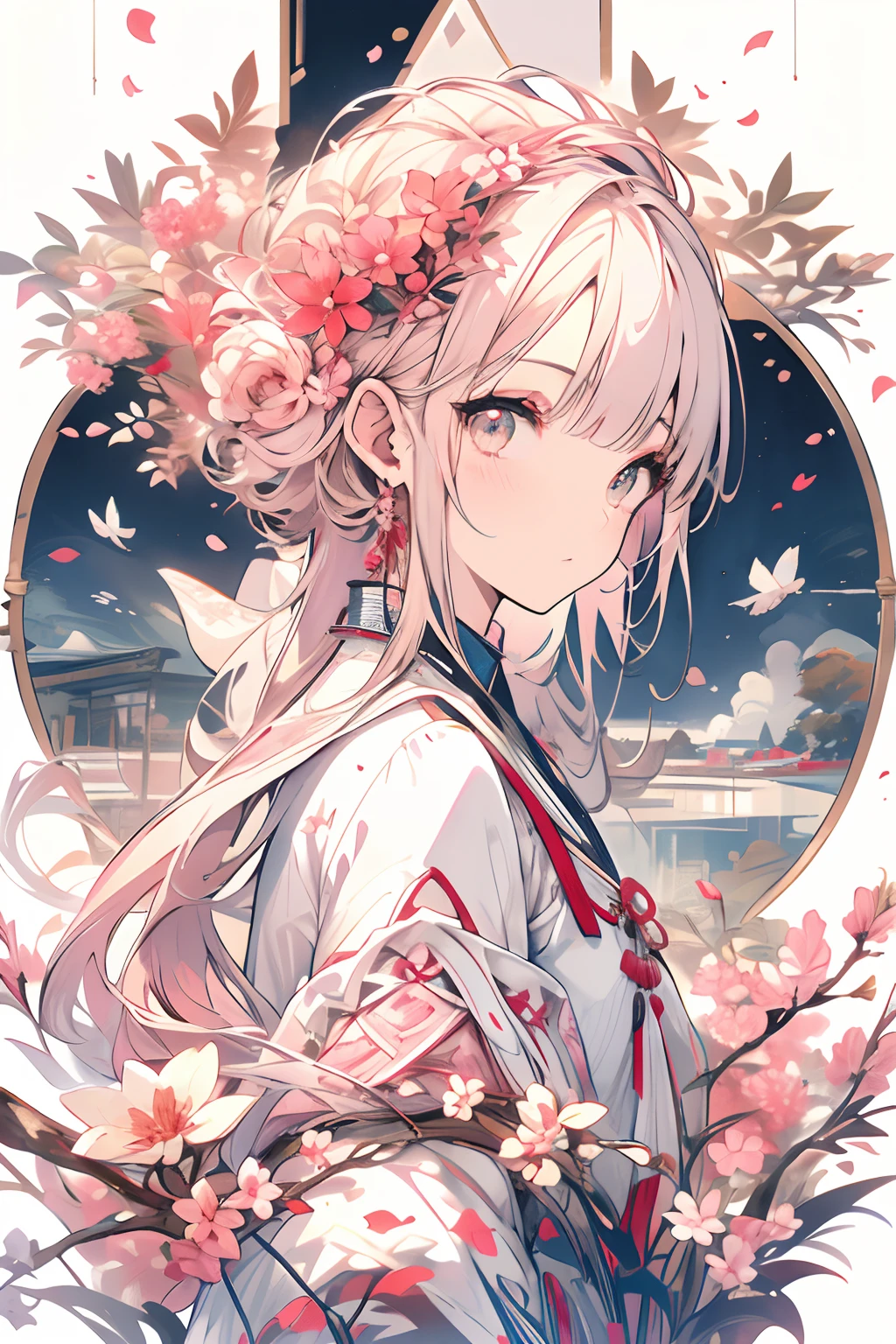 (White background:1.4),(White dirt road, Oriental elements)，(Nature Illustration Spring:1.3，paper art:1.3, Quilted Paper Art:1.2),( Reasonable design, Clear lines, High Sharpness,Best Quality, Very detailed, masutepiece, Movie Light Effects, 4K )(Cherry leaves、Cherry blossoms in spring:1.0)、Many cherry blossoms flutter、the wind、Background with、Spring-like、Girl Facing Left、Pink petals、A large number of cherry petals、very light pink hair、Long