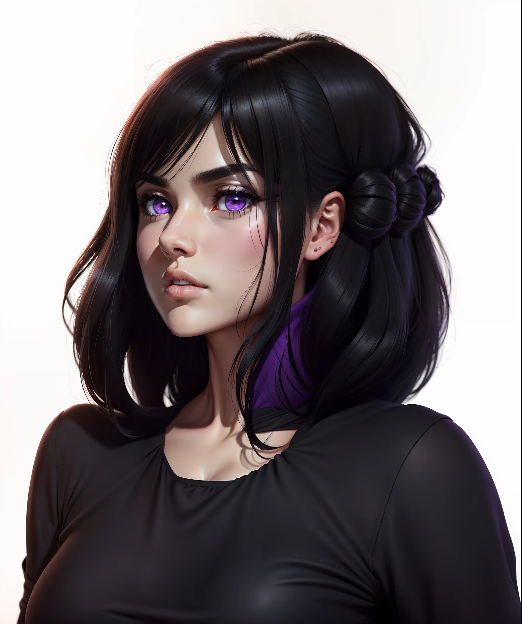 mikasa ackerman, Girl with black hair and purple eyes in black shirt, semirealistic anime style, anime realism style, realistic young anime girl, semi realistic anime, anime styled 3d, realistic anime style, render of april, realistic anime 3 d style,  - anime gothic girl, black  hair, Highly detailed hair texture