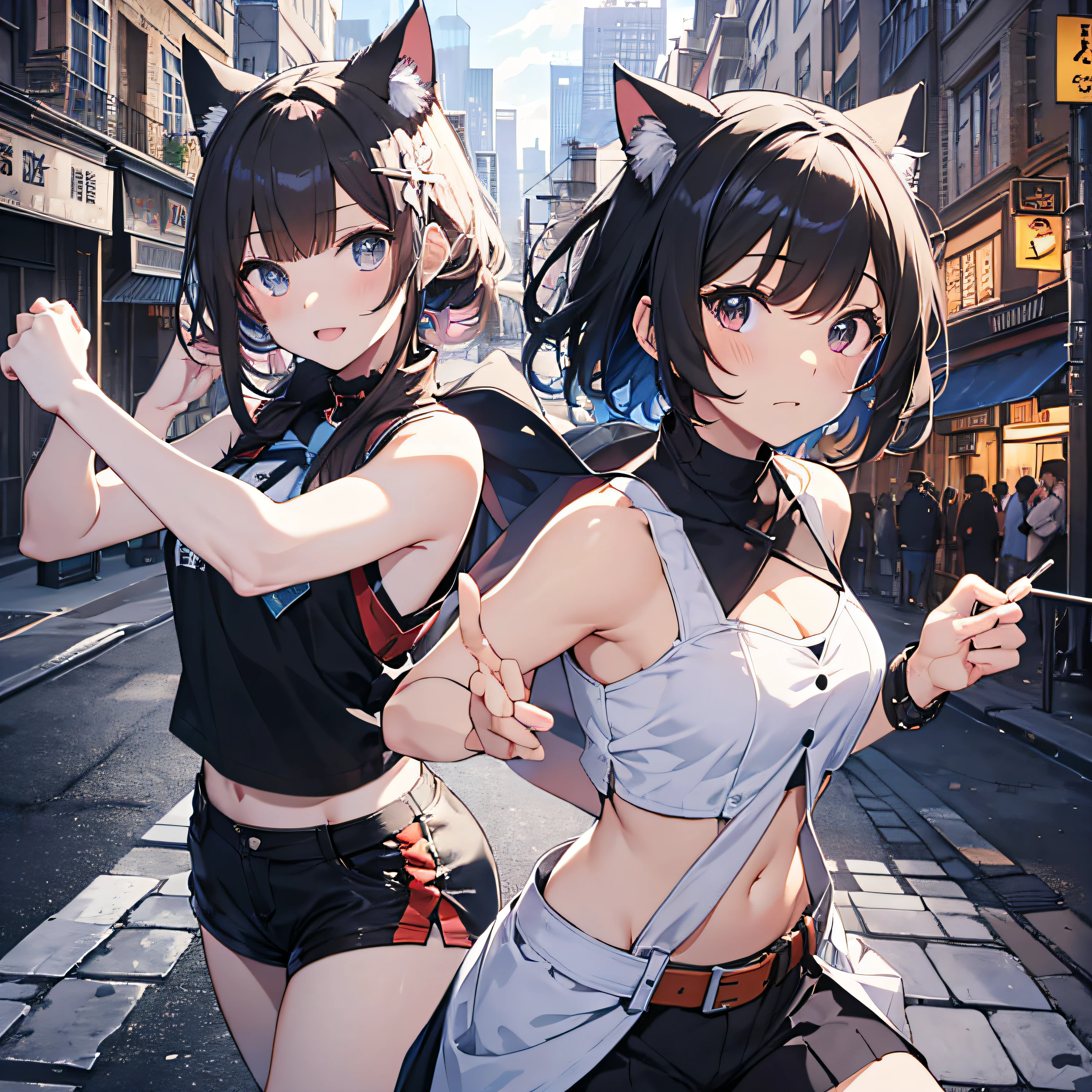 (The highest quality、8K、masutepiece)) ((( White atelier sleeveless))) (((Black short hair )))++　cat ear, Anime characters with black hair and dark eyes、anime visual of a young woman、Serious facial expressions, serious look, today's featured anime still、Official Art、Animated videos of cute girls、Popular Isekai anime、animated film、During the night　Moonlit night, Outdoor background, Martial Arts Moves, Athletic pose, upper half body