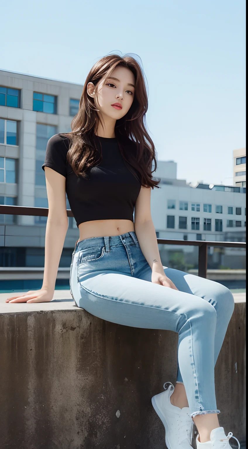 ((Realistic lighting, Best quality, 8K, Masterpiece: 1.3)), Clear focus: 1.2, 1girl, Perfect Body Beauty: 1.4, Slim Abs: 1.1, ((Dark Brown Hair)), (Outdoor, Night: 1.1), City Street, Super Fine Face, Fine Eyes, Double Eyelids, full body shot, crop top, jeans, high heel sneakers