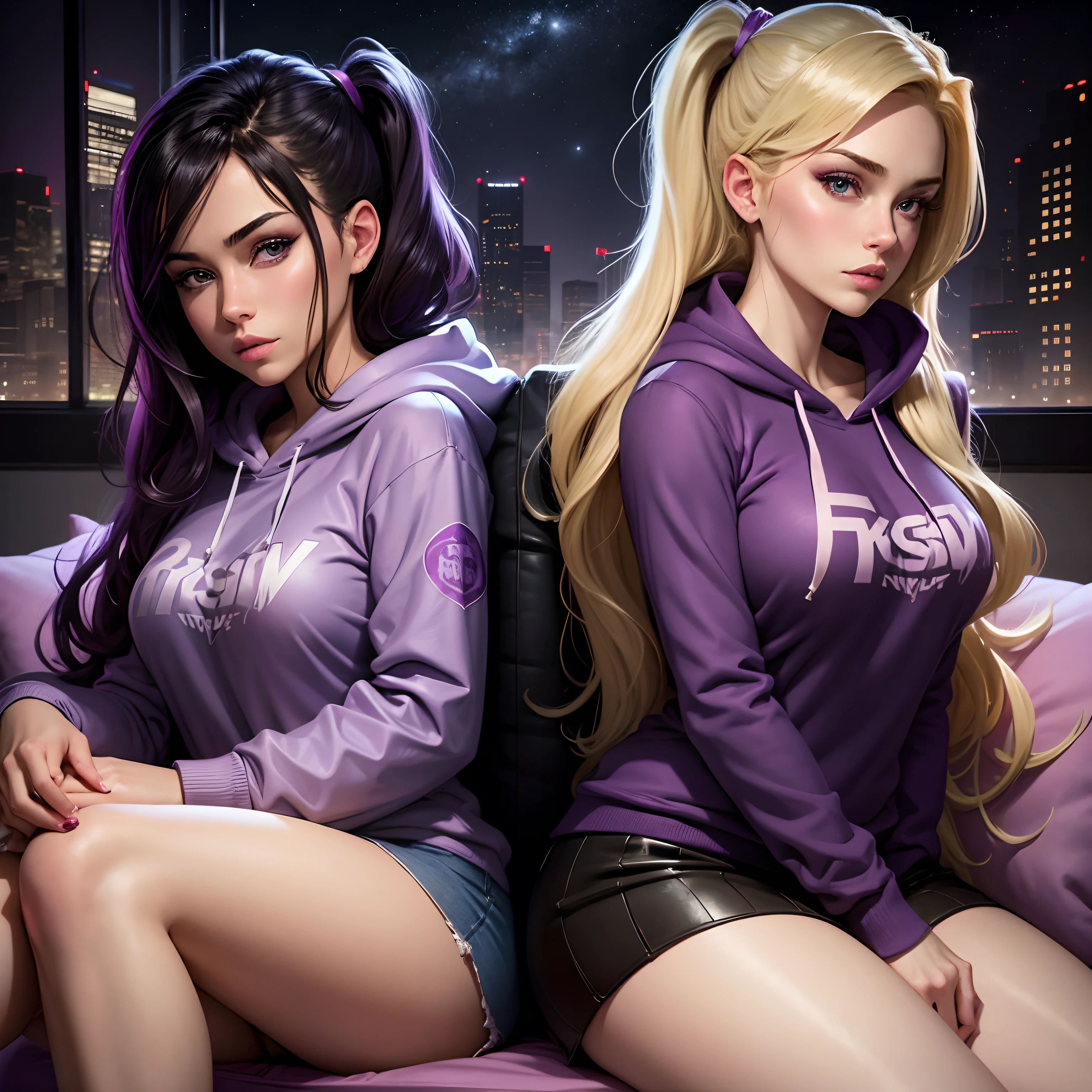 graphic novel style, houston texas, night time, sitting, pillow, purple smoke, two beautiful crime fighting models, back to back, wearing upzipped open hoodies, short skirts, about to have a sexual encounter, perfect, no adult content, suitable for all ages, PG