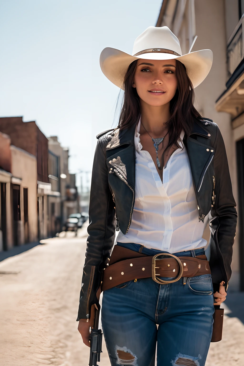 Townscape of the Wild West,Wasteland,Gunslinger Costume,Short leather jacket with open front,Torn and tattered white shirt,Torn and tattered damaged jeans,(Wrap the gun belt around your waist:1.3),(gun holster:1.3),Equipped with a Winchester M73 rifle on her chest,Cowboy Hat,(Generate globally beautiful women images,Especially while reflecting elements of Western beauty,Woman with natural smile and attractive expression,Transparent skin,sparkle in eyes,Expresses an elegant atmosphere,(in 8K, Raw photo, Best Quality, masutepiece),Sunlight ,Cinematic lighting,(Realistic, Photorealsitic),,crouching down,Digital SLR,