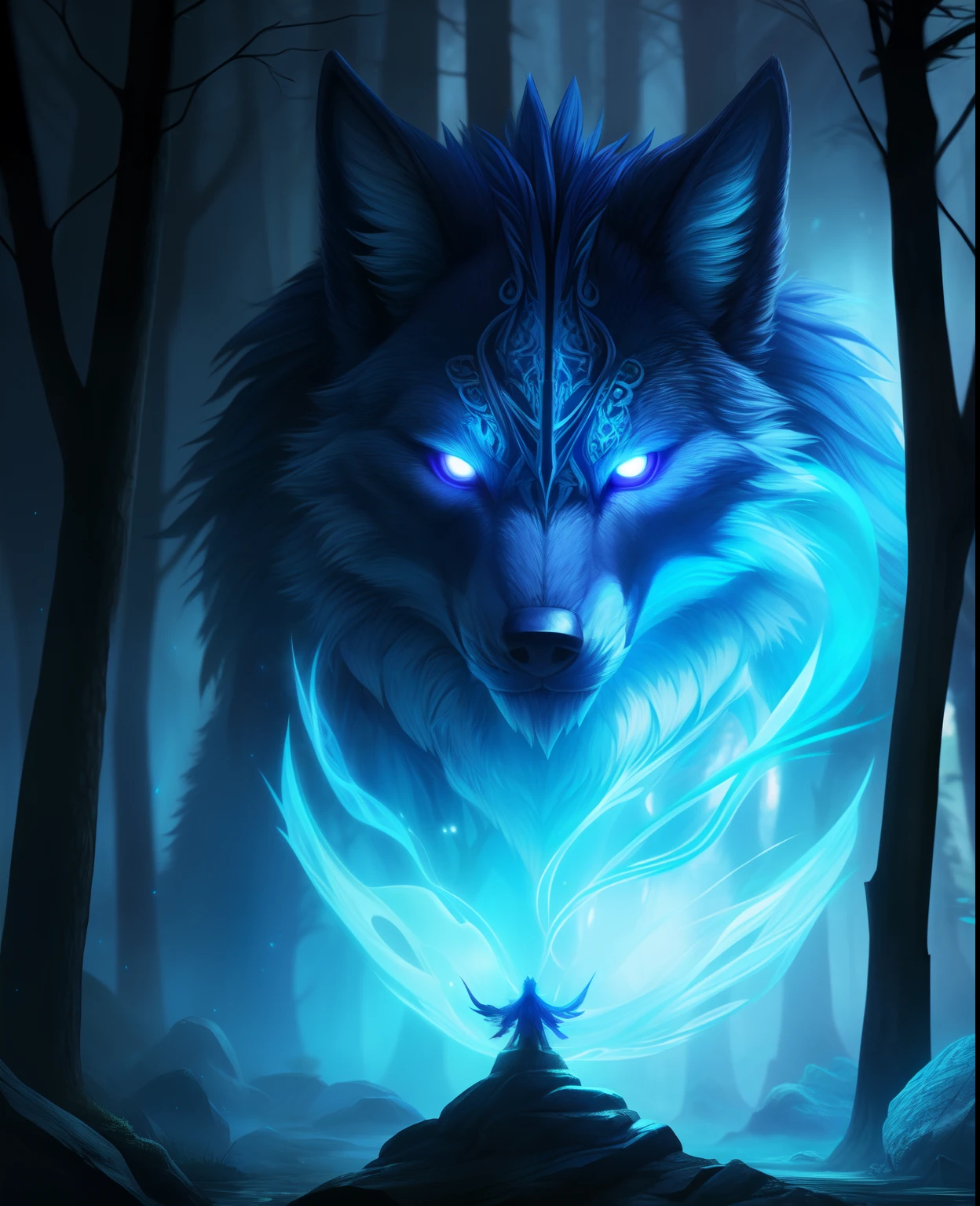 photo of a creature, monster,, magic-fantasy-forest, digital art, most amazing artwork in the world, ((no humans)),volumetric light, soft balanced colours, forest scenery, vines, uhd, 8k octane render, magical, amazing, ethereal, intricate, intricate design, ultra sharp, shadows, cooler colors, trending on cgsociety, glowing eyes, ((best quality)), ((masterpiece)), (detailed), wolf with bluehair, (Artgerm inspired:1.2) simple background, grey background,