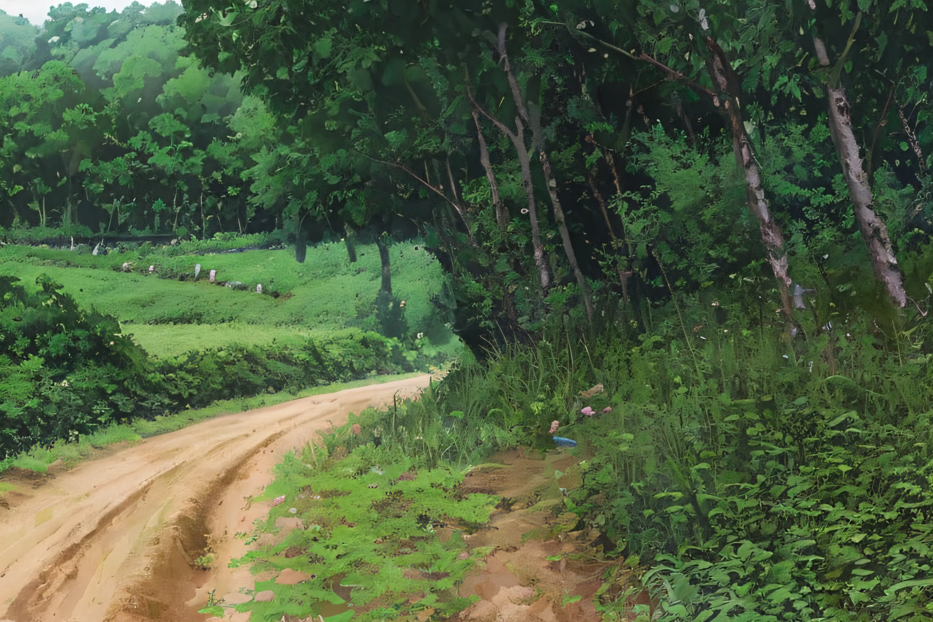 There is a dirt road,There is a fence and a tree, next to farm fields and trees, with a few vines and overgrowth, The vegetation is dense, jungles in the background, Overgrown with weeds, looking partly to the left, hills in the background, lot of vegetation, near forest, landscape of flat wastelands,