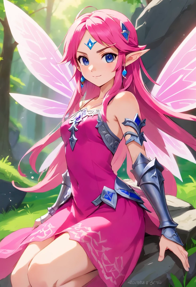 Fairy, vivid pink skin and hair, grey rock armor, masterpiece, best quality