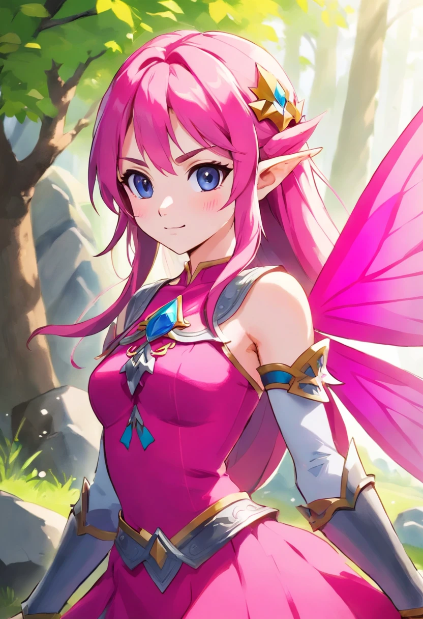 Fairy, vivid pink skin and hair, grey rock armor, masterpiece, best quality