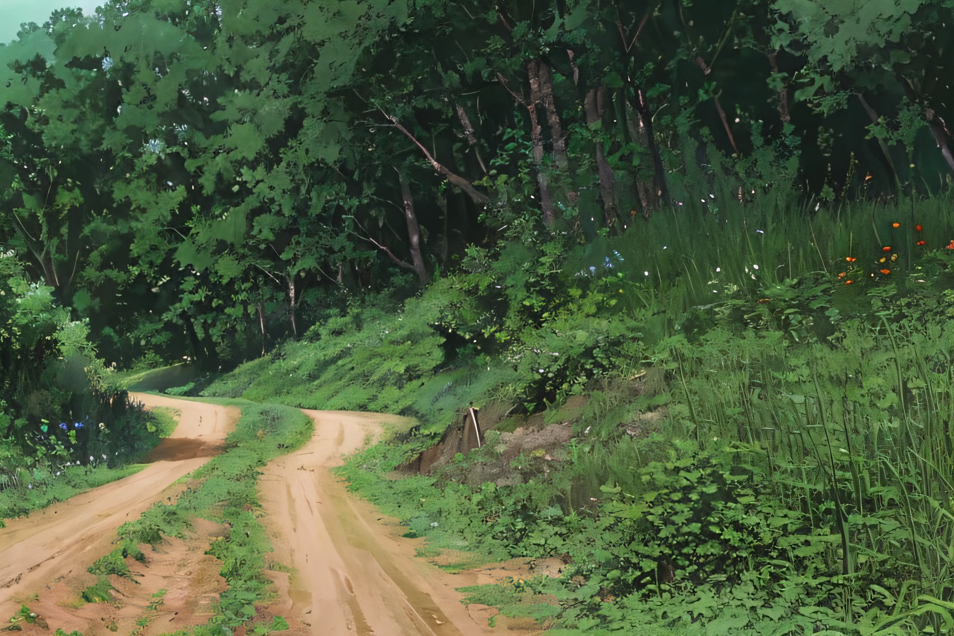 There is a dirt road,There is a fence and a tree, next to farm fields and trees, with a few vines and overgrowth, The vegetation is dense, jungles in the background, Overgrown with weeds, looking partly to the left, hills in the background, lot of vegetation, near forest, landscape of flat wastelands,