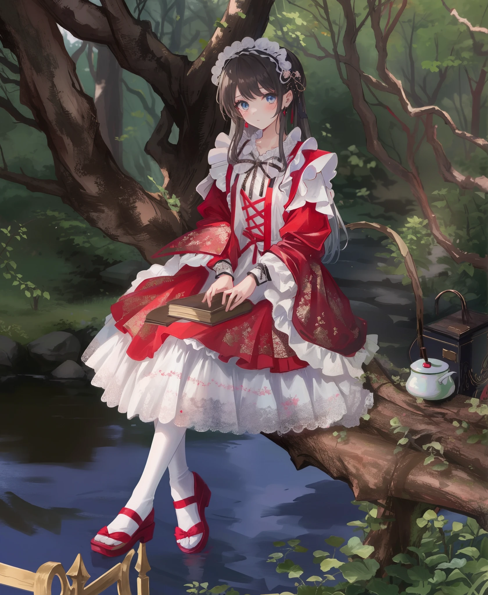 a close up of a woman in a dress sitting on a tree branch, a maid in a magical forest, lolita fashion, loli in dress, palace , a girl in hanfu, lolita style, sakimi chan, rococo dress, loli, fantasy style clothing, a sexy maid in a magical forest, anime girl cosplay, fairycore
