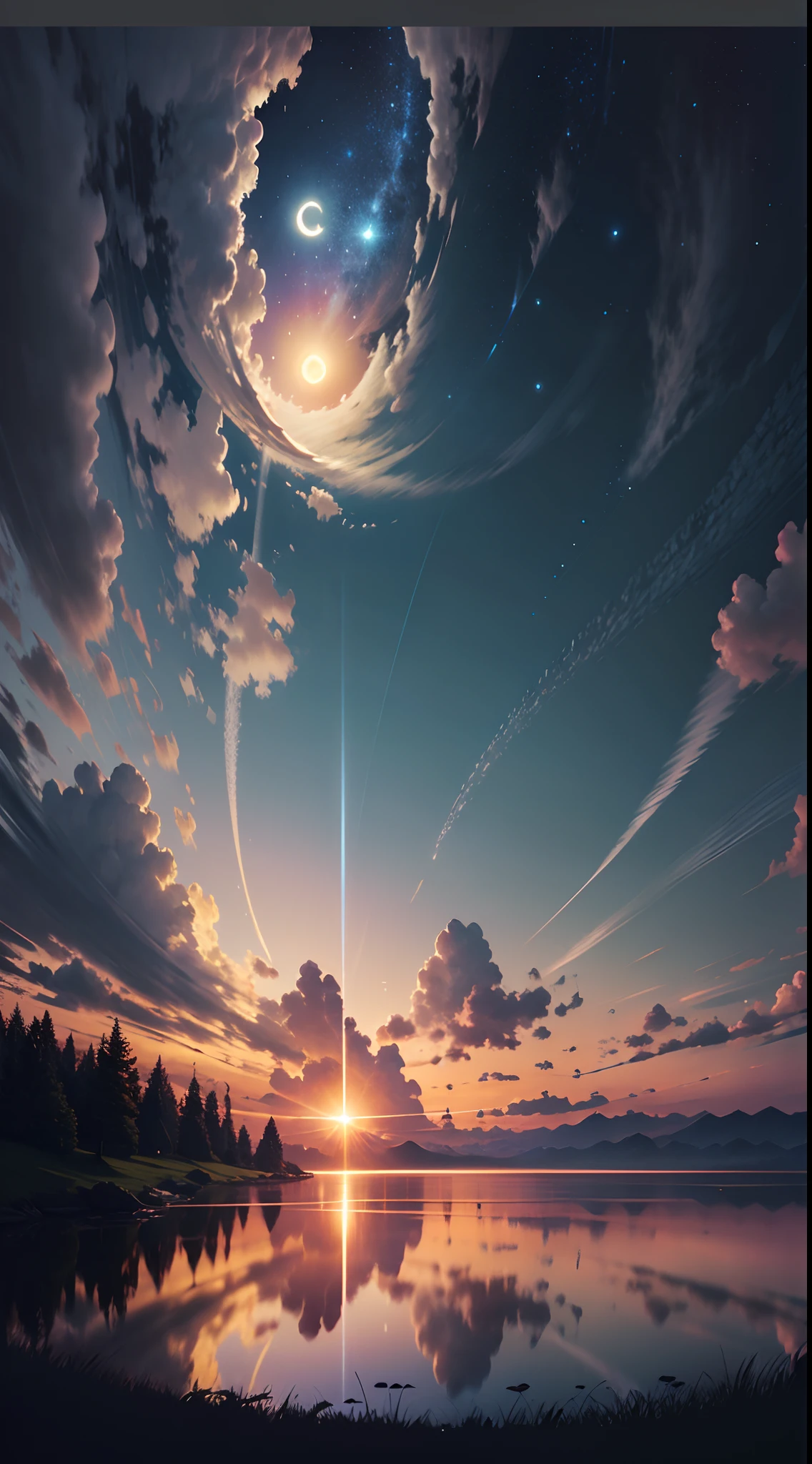 NSFW:1.2、masterpiece、Very beautiful scenery、 top-quality、hightquality、high-detail、Extremely fine、hight resolution、high details、lensflare、raytrace、high quality texture、high quality shadow、Beautiful in detail、Detailed Detailing、Detailed texture、Realistic and colorful、Cinematic lights、Water Mirror、moonlit glow、fullmoon、clouds、the beautiful night sky、starrysky、Mystical、Radiation distortion、Horizon、(nohuman:1.5)、(Take a deep breath、Work with this image step by step)