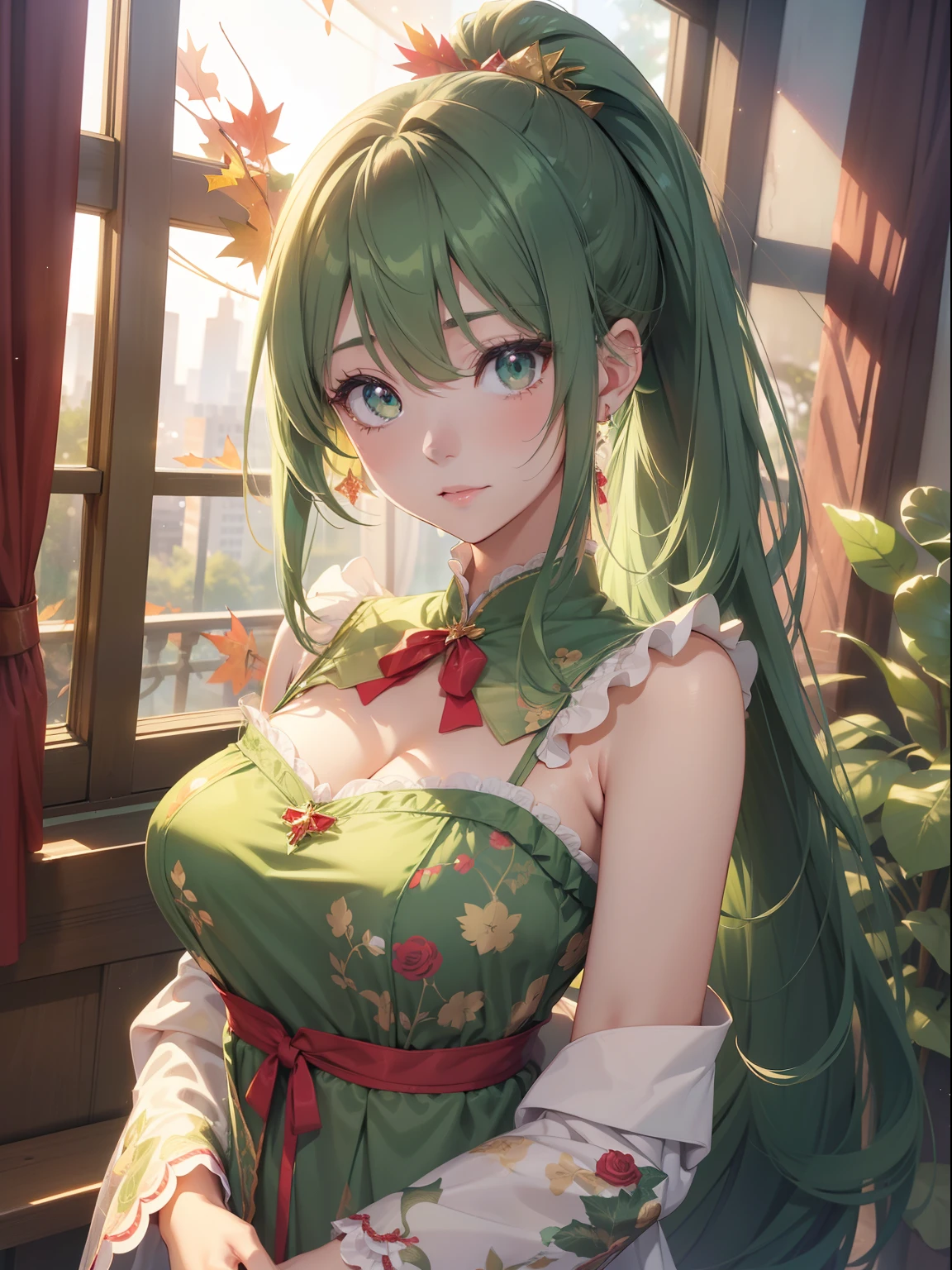 masutepiece, High resolution, 8K, anime woman, Delicate and detailed writing 、Detailed digital illustration、absurdly long hair、(((Ponytail)))、Shiny hair、a very beautiful woman、Eyes are double, Large,Little hanging eyes、 Bust E Cup、High image quality, High quality、Detailed background、The inside of the eye shines like a diamond、(((Dark green hair)))、Gradient pupil、(((2 arms、4 fingers, 1 thumb)))、Detailed female face、a very beautiful woman、、细致背景、​masterpiece、Soft Focus , Bright gradient watercolor , Lens Flare , (((Glitter))) , Glow , Dreamy ,a miniskirt、Idol、Light Green Ribbon、Very beautiful light green rose hair accessories、Light green and gold costume with white as the main color、((Macroface))、(Cool Girl).Tall lady、Dignified.((No bangs))、(((Nightgown printed with red leaves)))、Beautiful fantastic night background、red leaves、ginkgo biloba