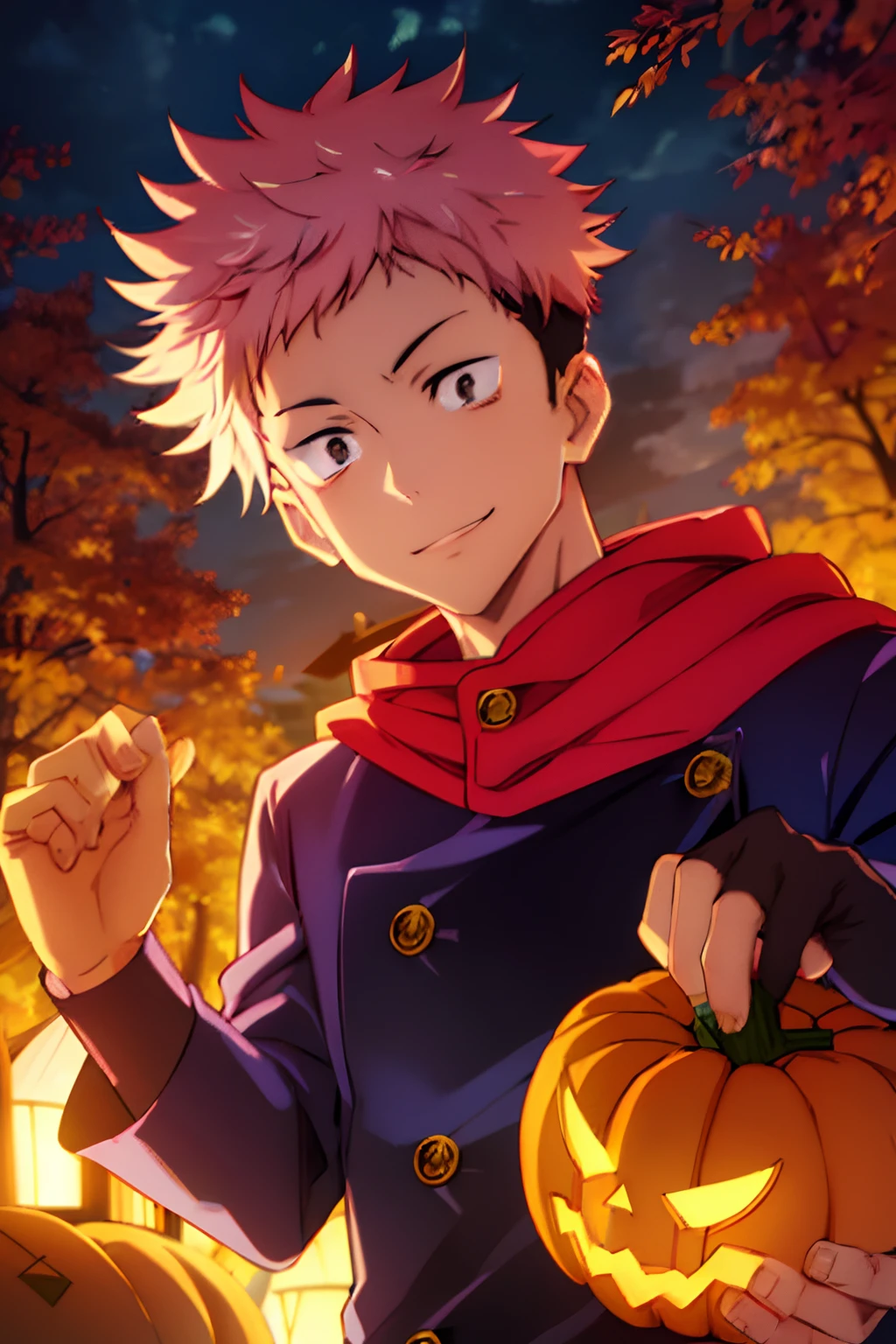 male people,animesque,hight resolution、hightquality、absurderes、finely detail、Manga、Anime coloring、A slight smil、Pumpkin Lantern、 ember,shorth hair,enticing,Halloween Costumes,Dramatic Angle,the woods,natta,early evening,ghosts