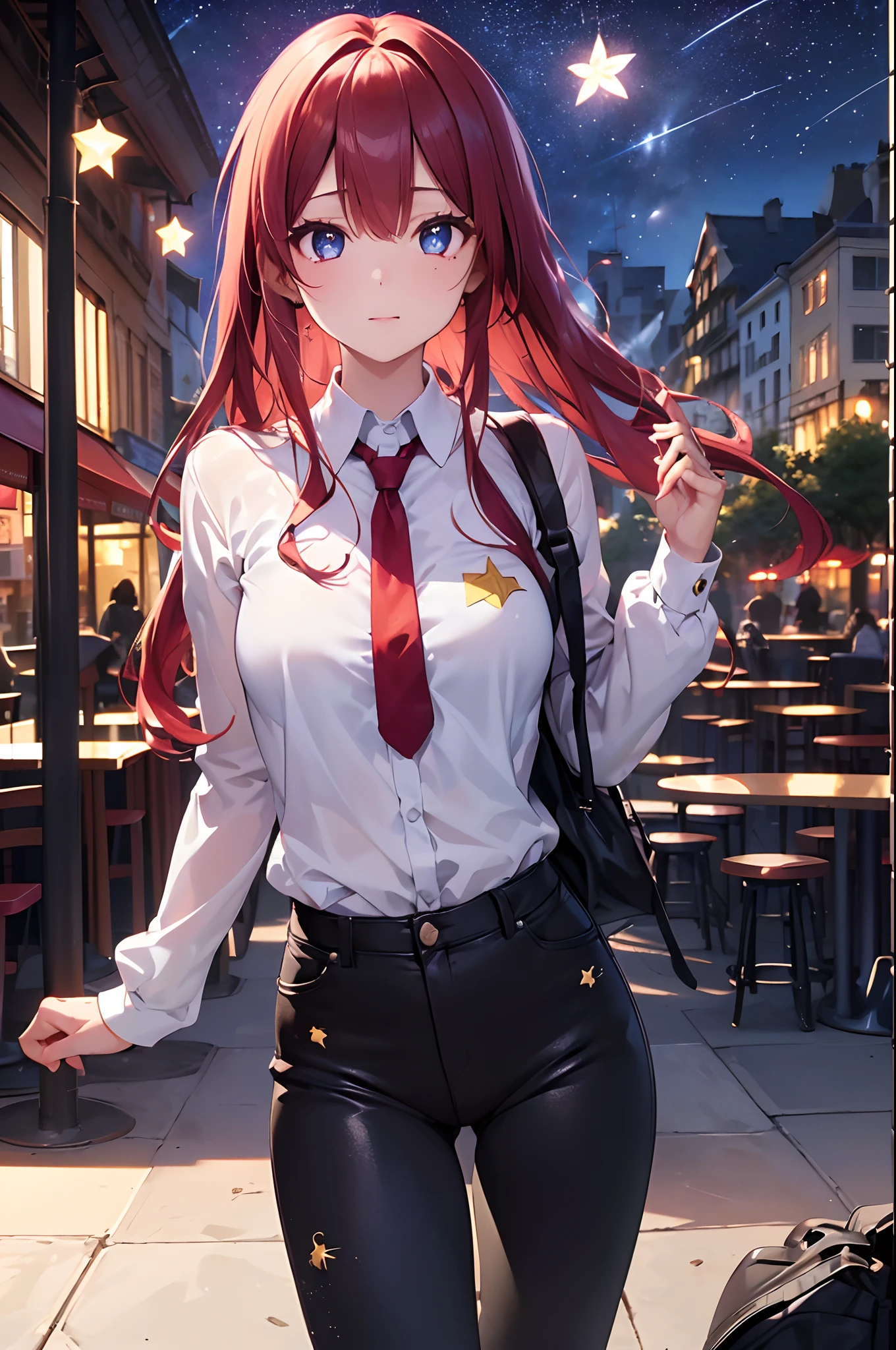 （Girl with a nasty appearance:1.3）、(cafes:1.5)、(and chest:1.4)、Raw photography, top-quality, hight resolution, (​masterpiece), (Photorealsitic:1.4), (Mole under the eyes),Anime Cosplay, foco nítido, nffsw, 8K分辨率, intricate detailes, depth of fields, the Extremely Detailed CG Unity 8K Wallpapers, front lit, femele,25-years old、 Happy face、(Odango Hair:1.5)、(crepe:1.5)、see -through、(Red medium hair)、blue eyess,(Stars in the eyes:1.5)、(Shirt and black skinny pants:1.3)、Background Style Style、Snack Taimu