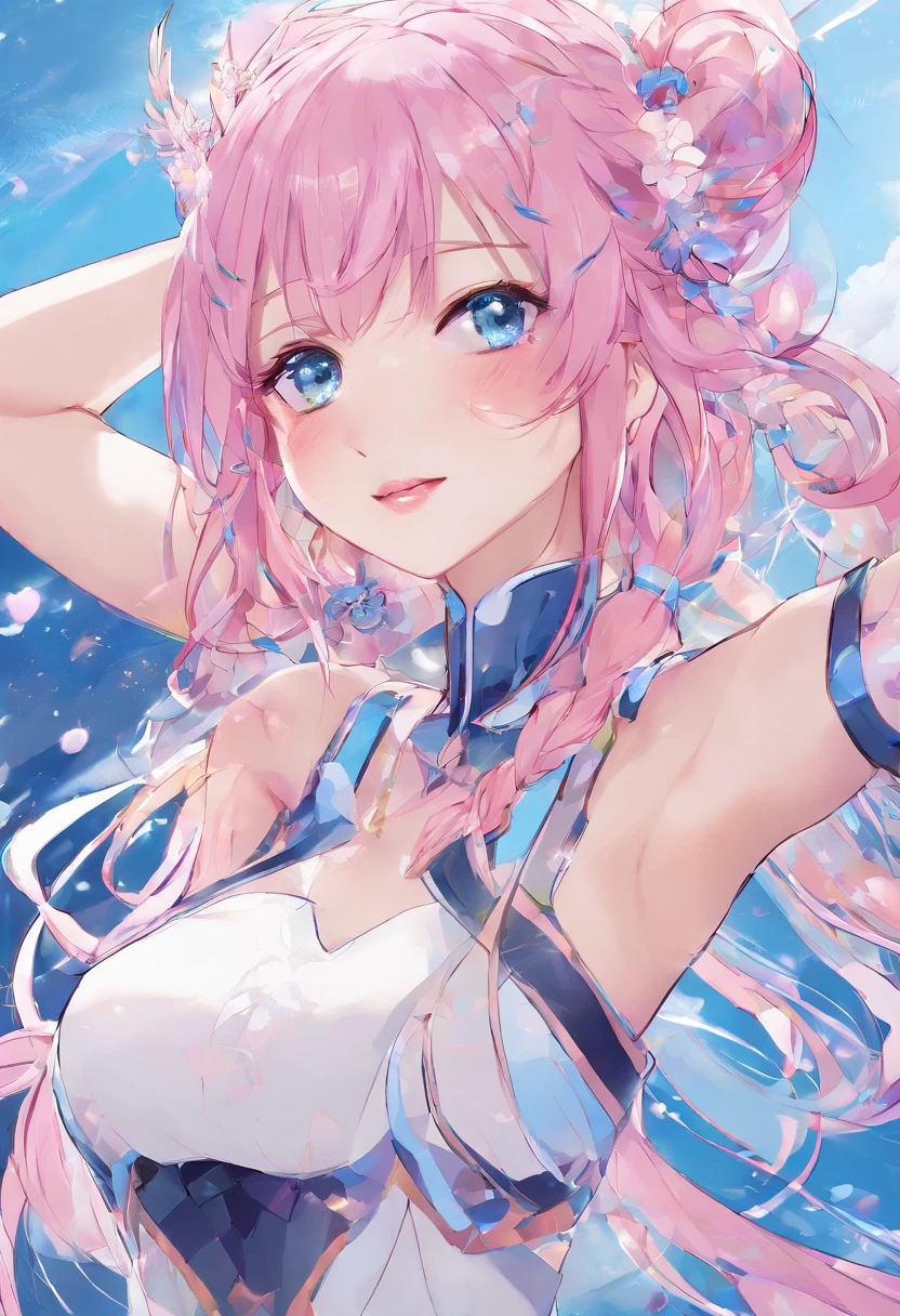 (masutepiece), (Best Quality), (super detailed), (Dirty hair), (Illustration), (1 girl) (Long pink hair 1.5) (Blue eyes) (Double ponytail 2.0), ((((No Shoulders))),Hanfu, (gaze at the audience, (interview), (Simple background), beautiful and delicate eyes, Delicate beautiful face, Soaring (High color saturation), (Colorful glitter), Multicolor bubble, (Glitter), Facial accents, PerfectNwsjMajic, Conservative Clothes, Shoulderless, Autumn clothes, Facing the masses, Perfect figure,