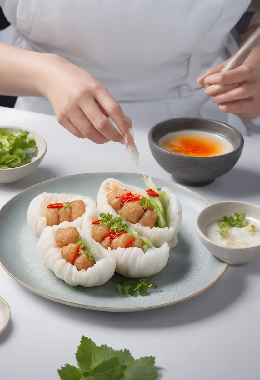 steamy banh bao served by a beautiful waitress who loves to serve, cinematic, professional photography, studio lighting, studio background, advertising photography, intricate details, hyper-detailed, ultra realistic, 8K UHD