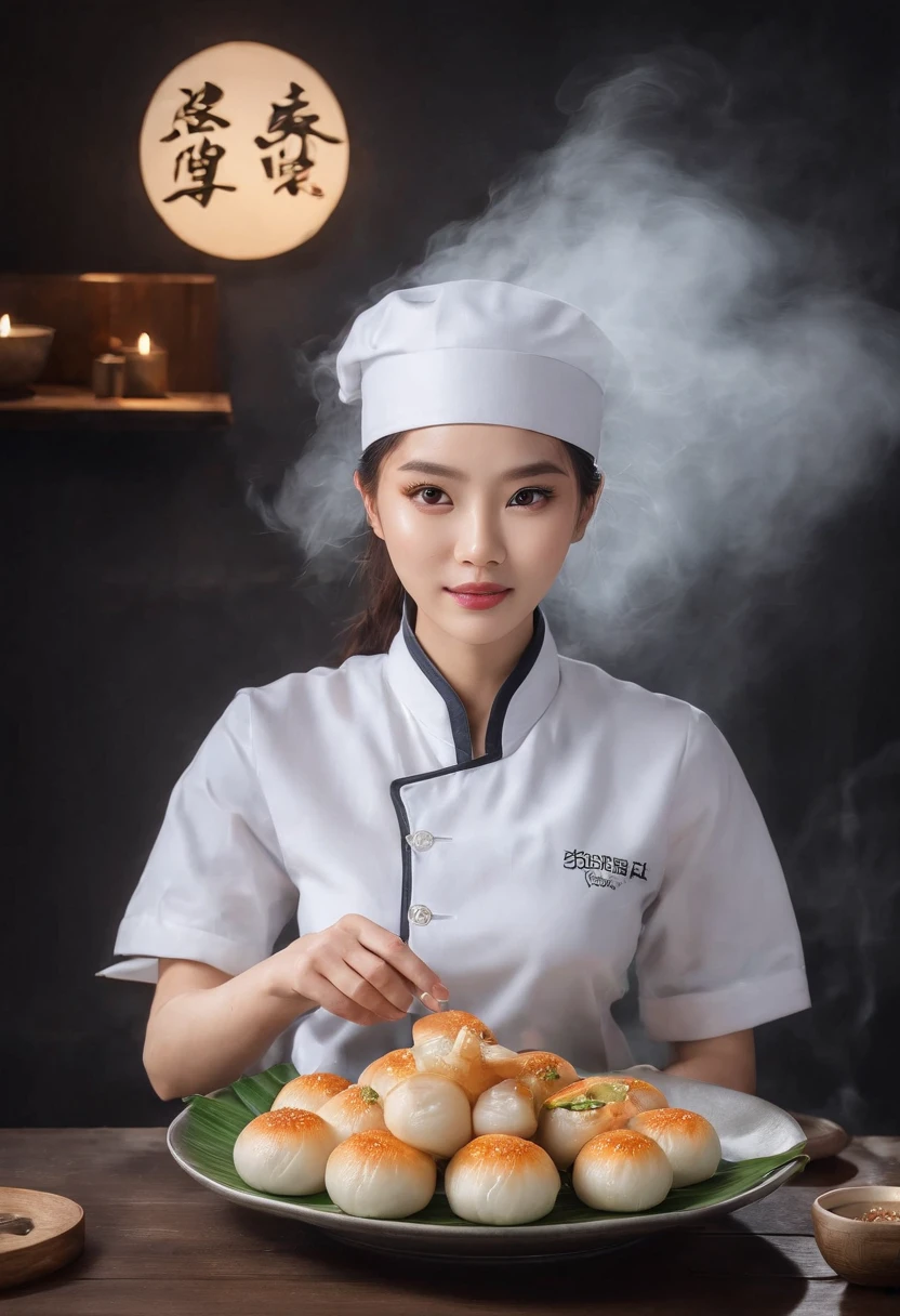 steamy banh bao served by a beautiful waitress who loves to serve, cinematic, professional photography, studio lighting, studio background, advertising photography, intricate details, hyper-detailed, ultra realistic, 8K UHD