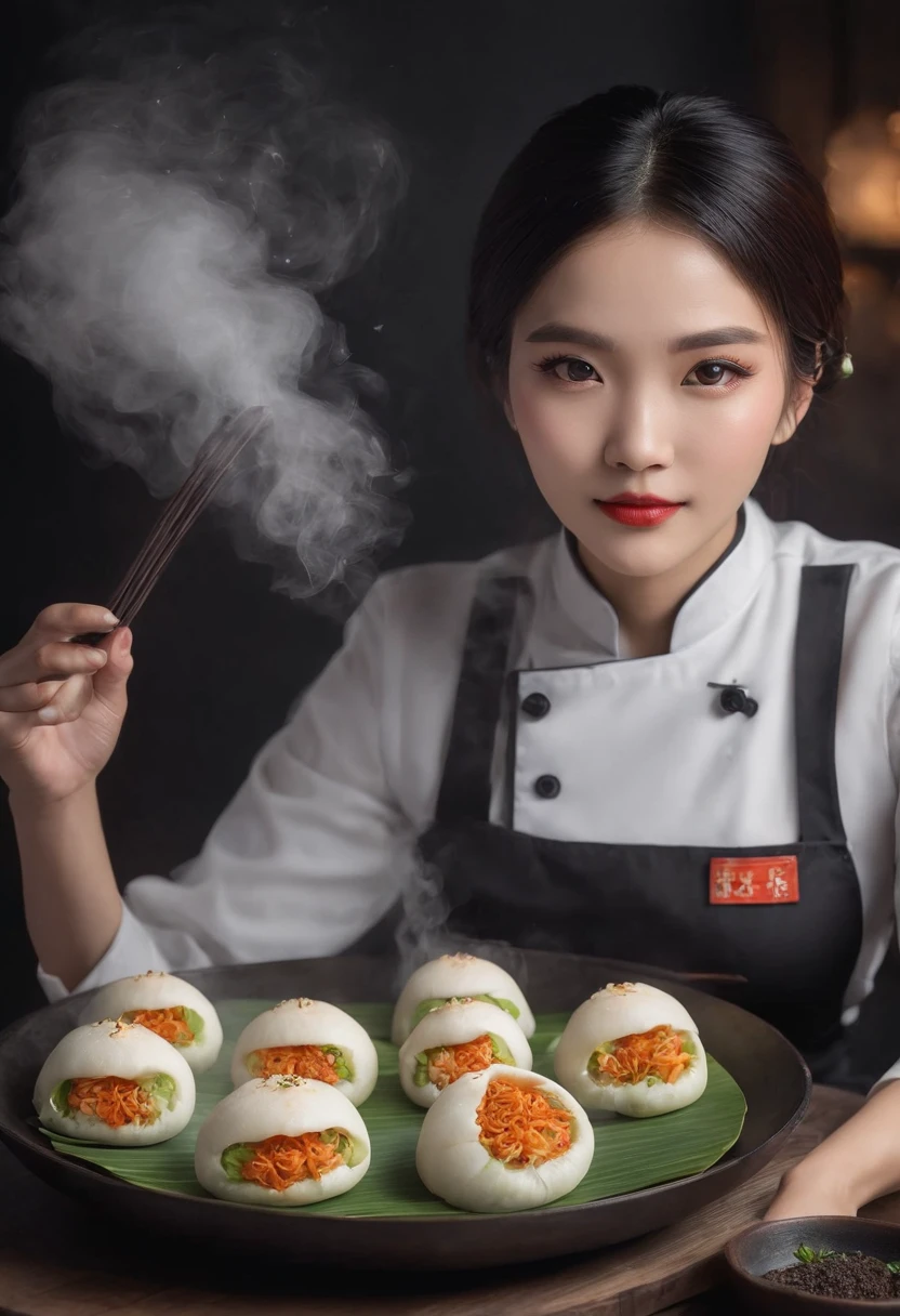 steamy banh bao served by a beautiful waitress who loves to serve, cinematic, professional photography, studio lighting, studio background, advertising photography, intricate details, hyper-detailed, ultra realistic, 8K UHD