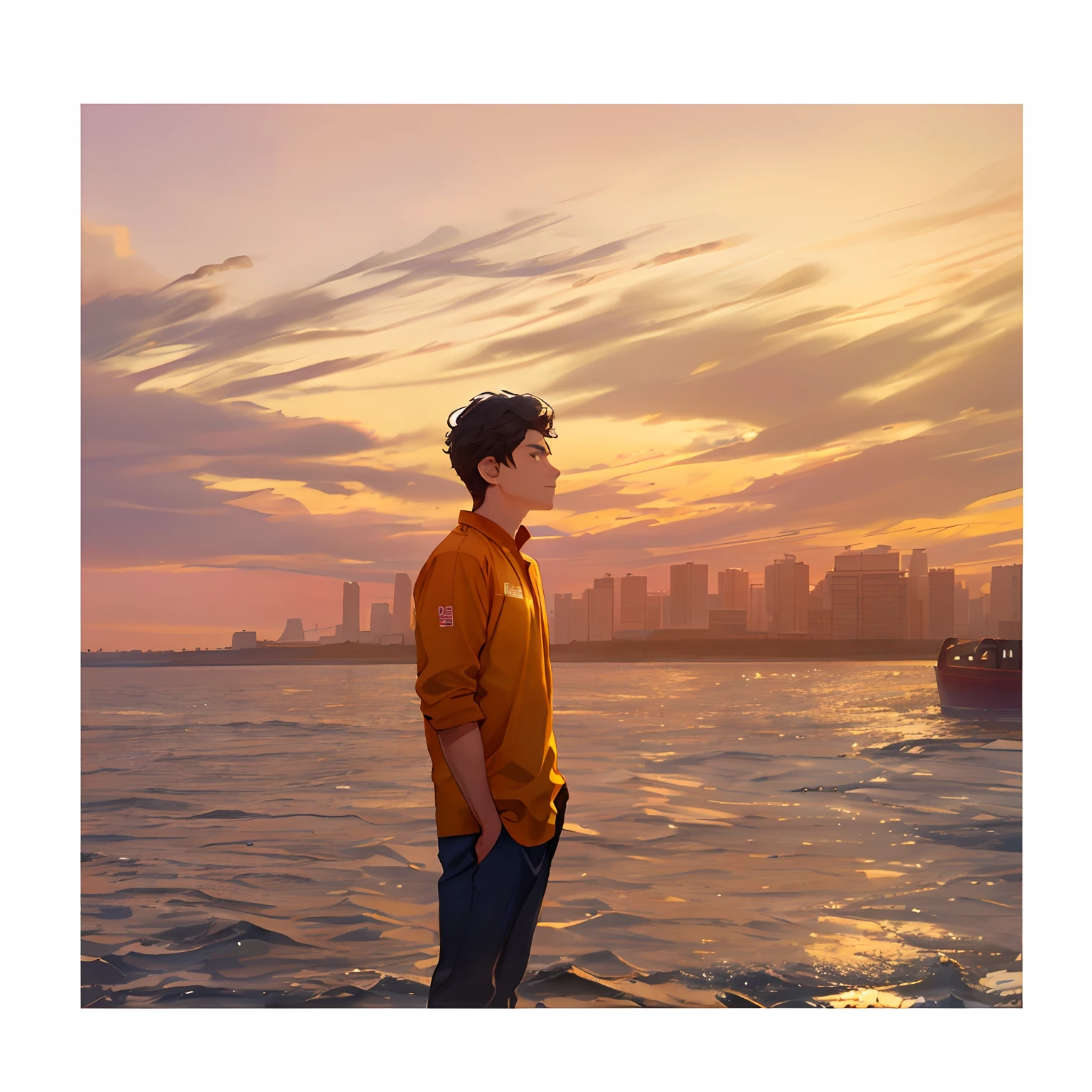 there is a man standing on the beach looking out at the water, profile pose, photo taken in 2 0 2 0, distant full body view, during sunset, sun behind him, taken at golden hour, from slumdog millionaire, with sunset, with a city in the background, profile shot, river in front of him, by Jitish Kallat