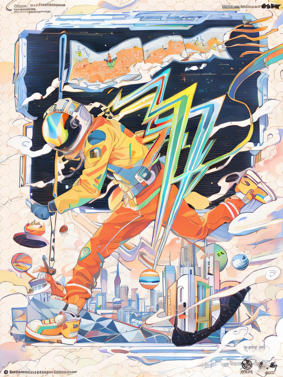 A poster of a man in an orange suit flew in the air, jen bartel, Inspired by:《Unknown crew》, inspired by Tomokazu Matsuyama, kilian eng vibrant colours, victo ngai and tristan eaton, inspired by Josan Gonzalez, cyber space cowboy, kilian eng vibrant colours, laurie greasley and james jean, Beeple e James Jean