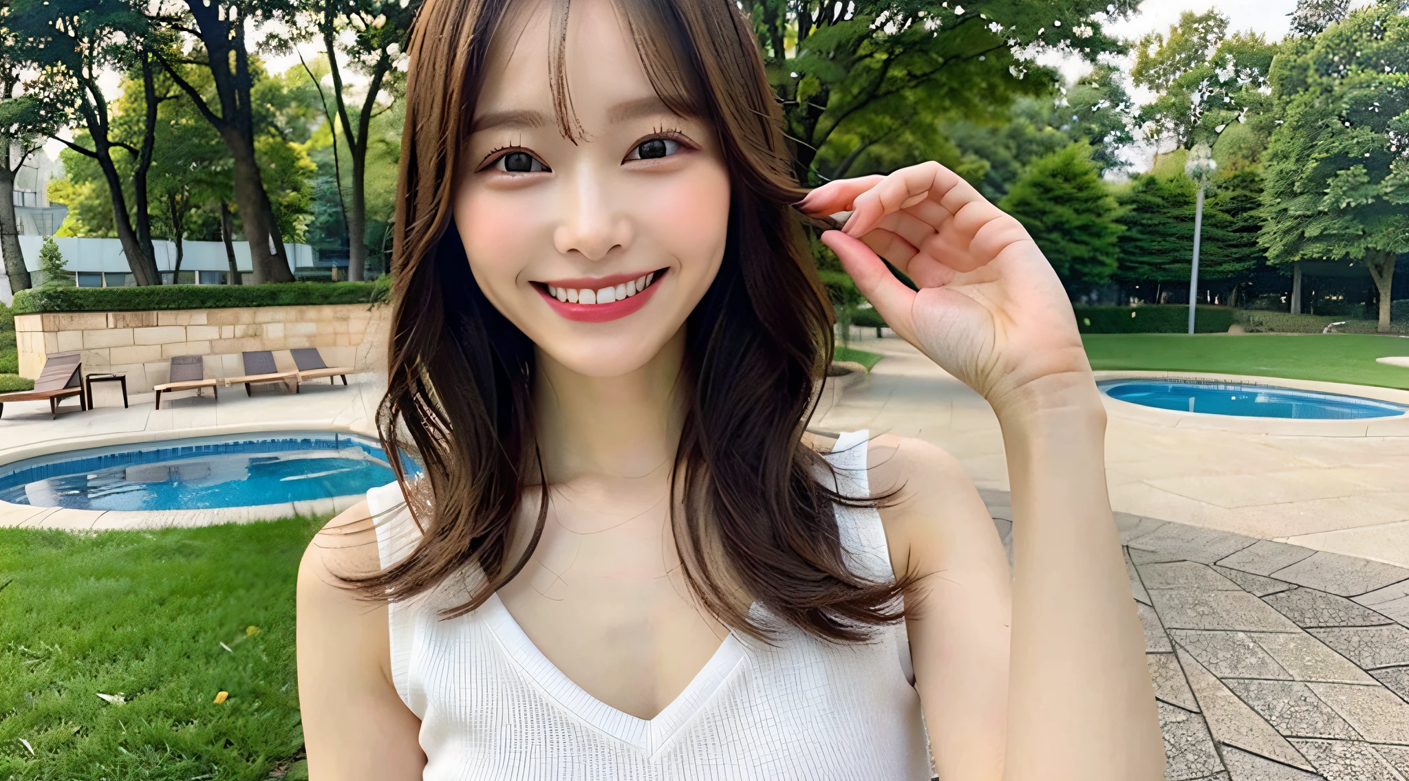 Female Japanese sitting on café terrace, Elegant, long curly hair, turn, off shoulders, large round eyes, Sunlight, with round face, With bangs, Brown eyes, narrow forehead, a baby face, Tear bag, smile, Large front teeth are slightly visible, long skirt,